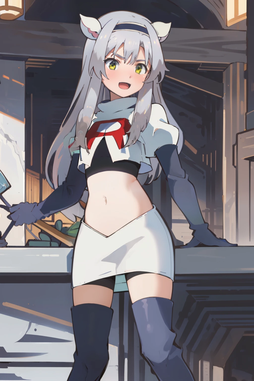 best quality, (masterpiece:1.2), detailed, medieval,
Sistine Fibel,
1girl, solo, open mouth, light smile, blush,
long hair, grey hair, green eyes, blue hairband, animal ears,
team rocket,team rocket uniform,white skirt,crop top,red letter R,black thigh-high boots,black elbow gloves,