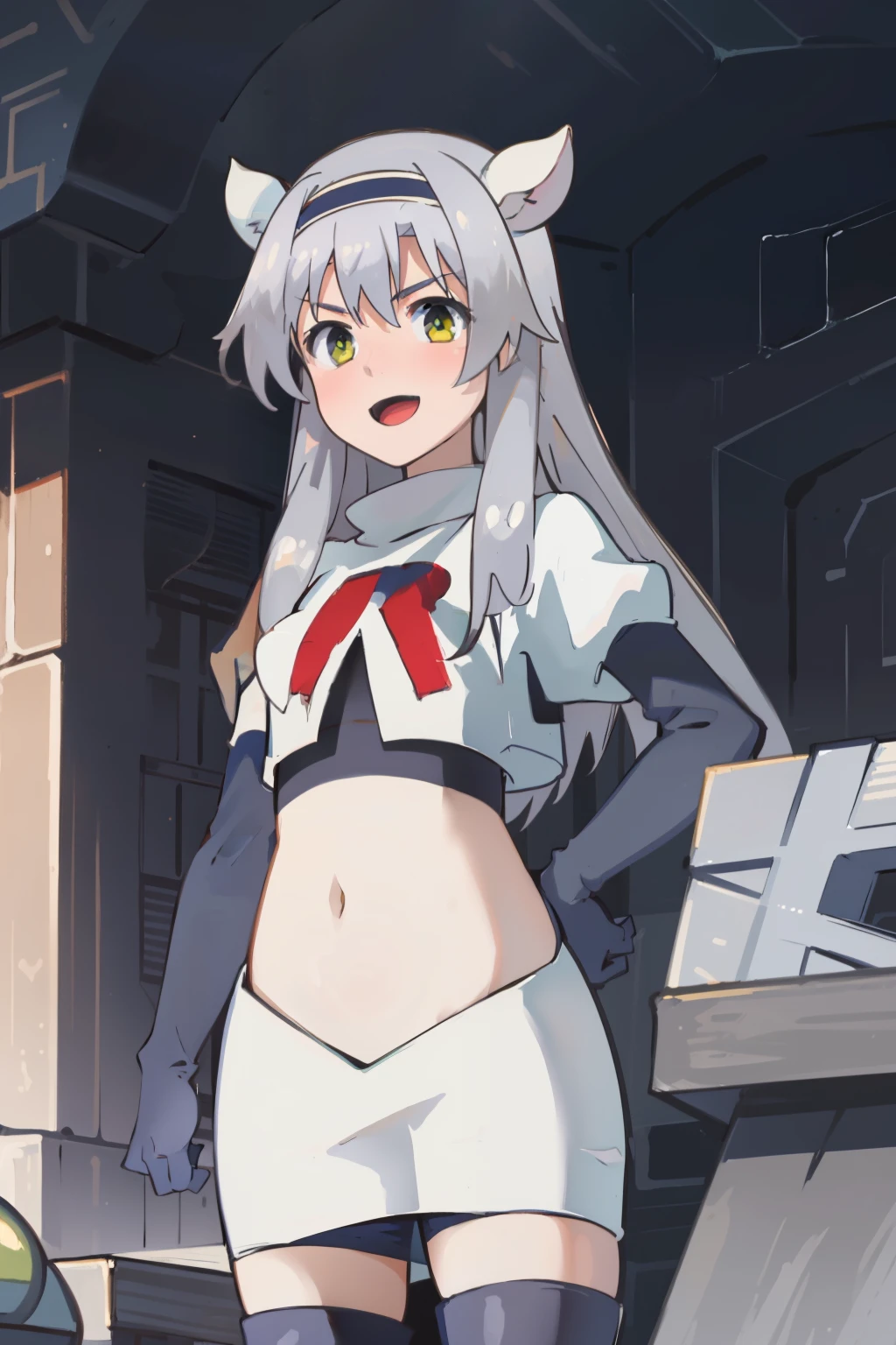 best quality, (masterpiece:1.2), detailed, medieval,
Sistine Fibel,
1girl, solo, open mouth, light smile, blush,
long hair, grey hair, green eyes, blue hairband, animal ears,
team rocket,team rocket uniform,white skirt,crop top,red letter R,black thigh-high boots,black elbow gloves,