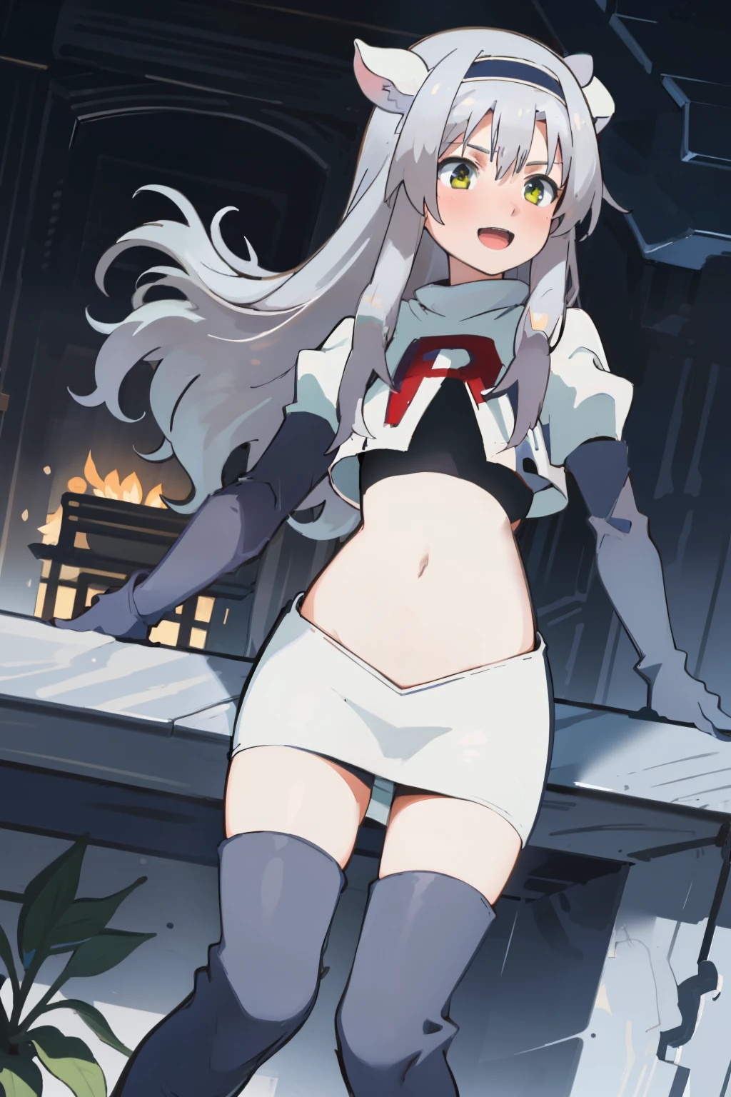 best quality, (masterpiece:1.2), detailed, medieval,
Sistine Fibel,
1girl, solo, open mouth, light smile, blush,
long hair, grey hair, green eyes, blue hairband, animal ears,
team rocket,team rocket uniform,white skirt,crop top,red letter R,black thigh-high boots,black elbow gloves,