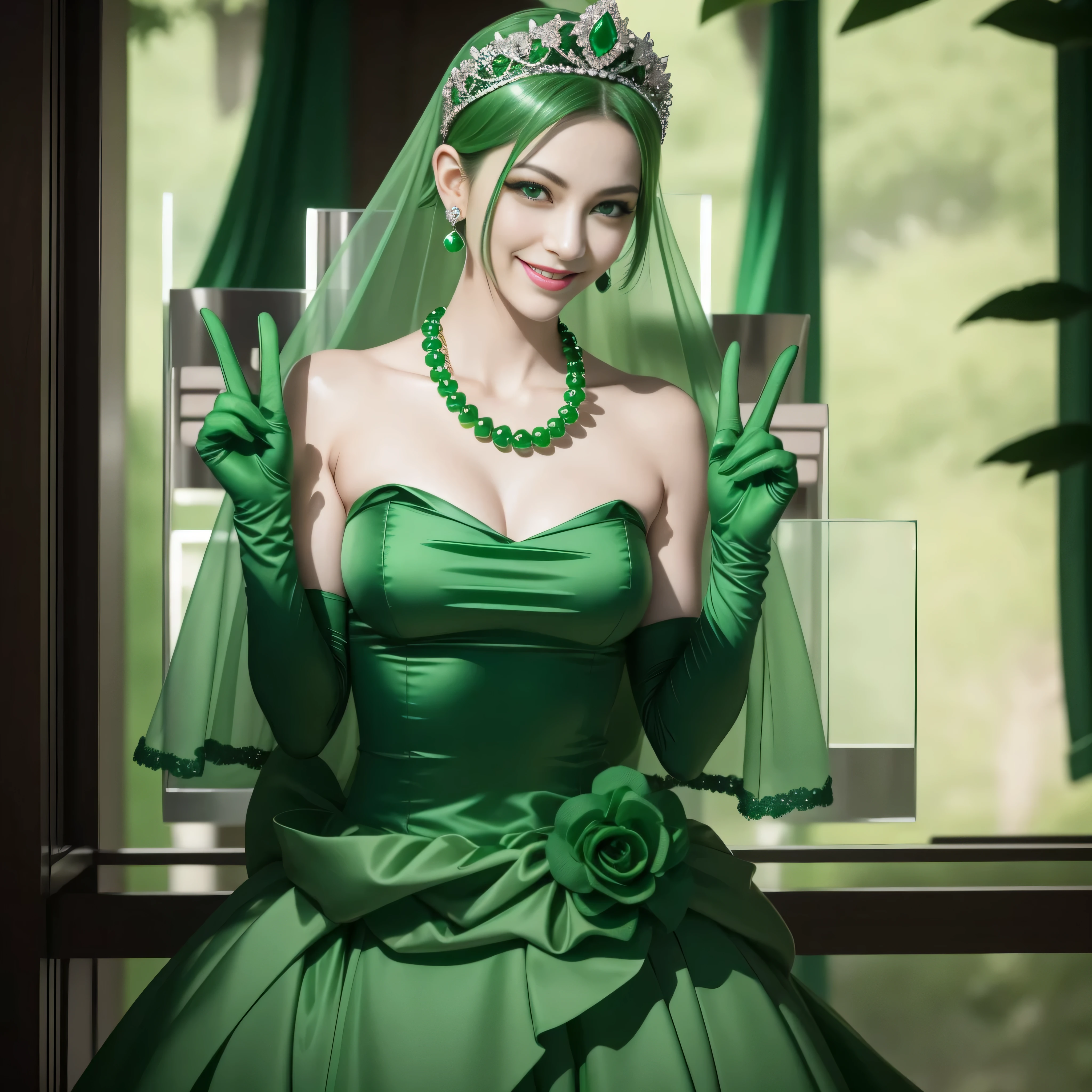 emerald tiara, Green Pearl Necklace, Boyish very short green hair, lipsticks, Japan woman smiling, very short short hair, big breasts beautiful, Green eyes, Long green gloves made of satin material, Green eyes, Emerald Earrings, green vale, v sign