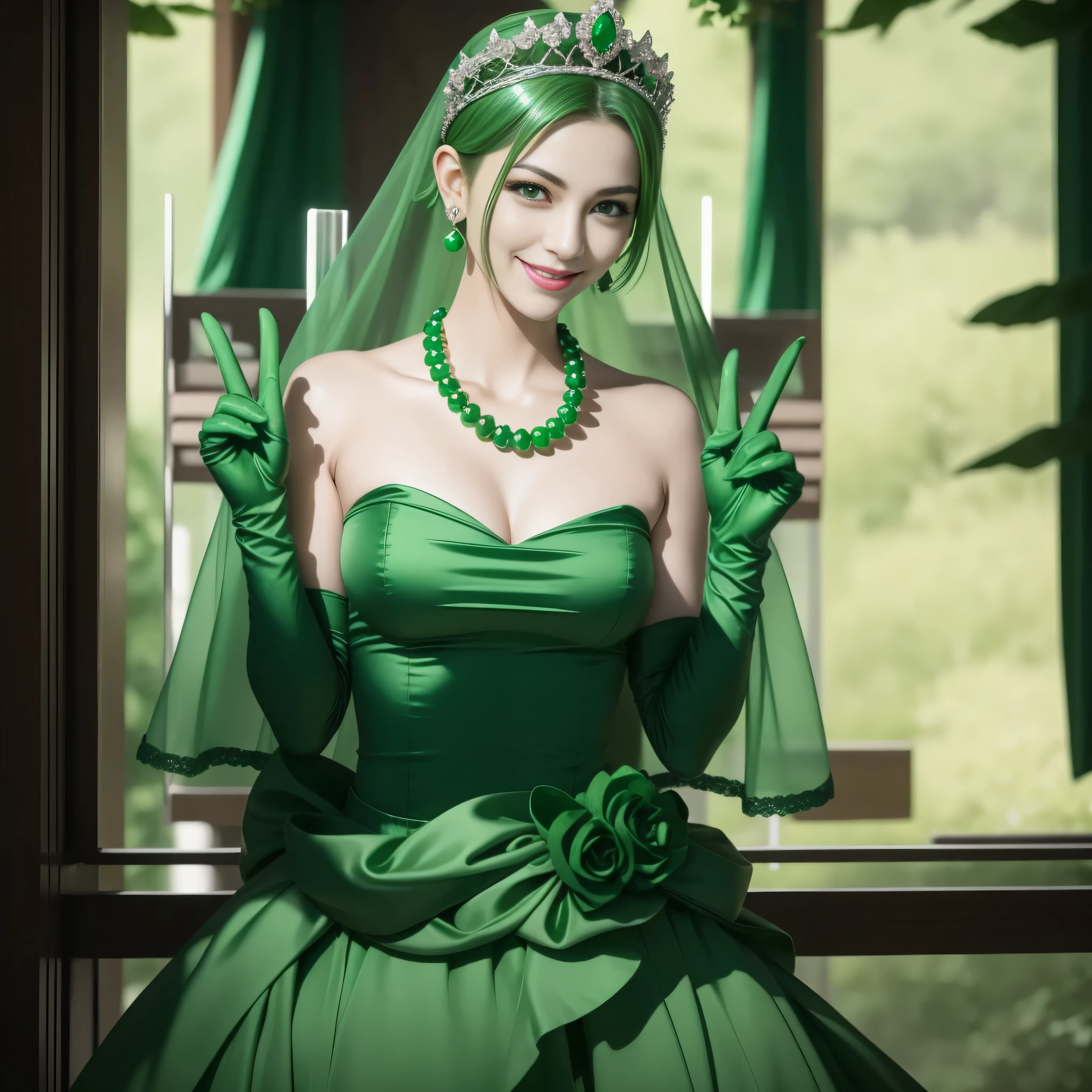 emerald tiara, Green Pearl Necklace, Boyish very short green hair, lipsticks, Japan woman smiling, very short short hair, big breasts beautiful, Green eyes, Long green gloves made of satin material, Green eyes, Emerald Earrings, green vale, v sign