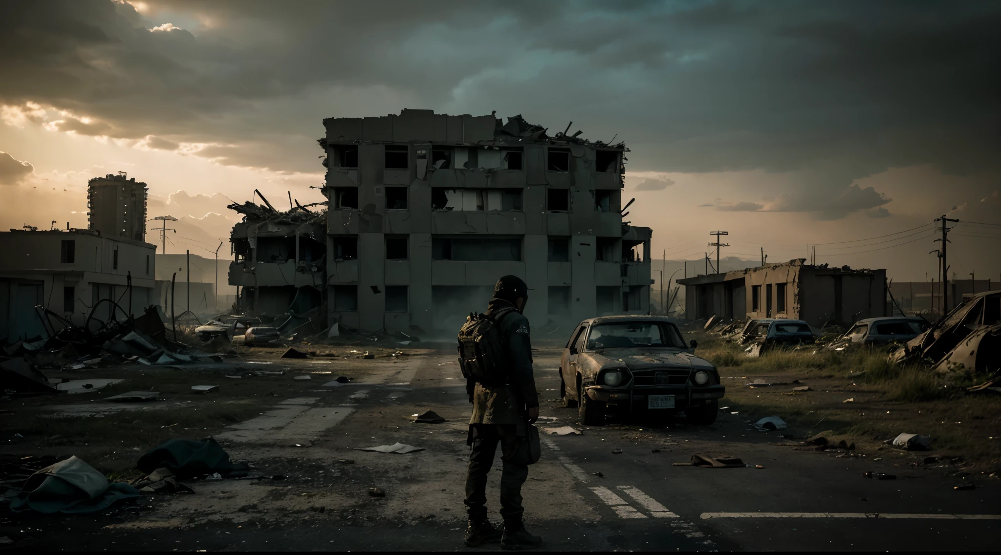 a post-apocalyptic scenario full of dead people, decaying buildings, desolate streets, wreckage, scattered items, abandoned vehicles, eerie silence, toxic atmosphere, ruins, overgrown vegetation, crumbling infrastructure, hauntingly beautiful landscapes, harsh sunlight, dust-filled air, dramatic shadows, hauntingly empty eyes, pale and lifeless skin, tattered clothing, worn-out shoes, scavengers roaming, a feeling of despair, solitude, the world in ruins, hopelessness, an unsettling stillness, a lone survivor, survival instincts kicking in, the struggle for survival amidst chaos, the human spirit persevering, a glimpse of hope in the distance, a new beginning emerging from the darkness. (best quality, highres), apocalyptic art style, desaturated colors, moody lighting.