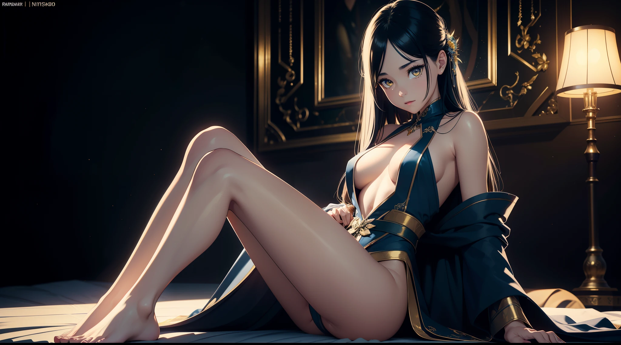 an alone mature girl with long blue and yellow eyes sitting on the bed and spread leg , night, High detail mature face, tie hair on the left side, golden eyes, bare leg, bare shoulder, white noble priest dress, high res, ultra sharp, 8k, masterpiece, smiling, fantasy world, magical radiance background ((Best quality)), ((masterpiece)), 3D, HDR (High Dynamic Range),Ray Tracing, NVIDIA RTX, Super-Resolution, Unreal 5,Subsurface scattering, PBR Texturing, Post-processing, Anisotropic Filtering, Depth-of-field, Maximum clarity and sharpness, Multi-layered textures, Albedo and Specular maps, Surface shading, Accurate simulation of light-material interaction, Perfect proportions, Octane Render, Two-tone lighting, Wide aperture, Low ISO, White balance, Rule of thirds,8K RAW, Aura, masterpiece, best quality, Mysterious expression, magical effects like sparkles or energy, flowing robes or enchanting attire, mechanic creatures or mystical background, rim lighting, side lighting, cinematic light, ultra high res, 8k uhd, film grain, best shadow, delicate, RAW, light particles, detailed skin texture, detailed cloth texture, beautiful face, 
(masterpiece), best quality, expressive eyes, perfect face,
