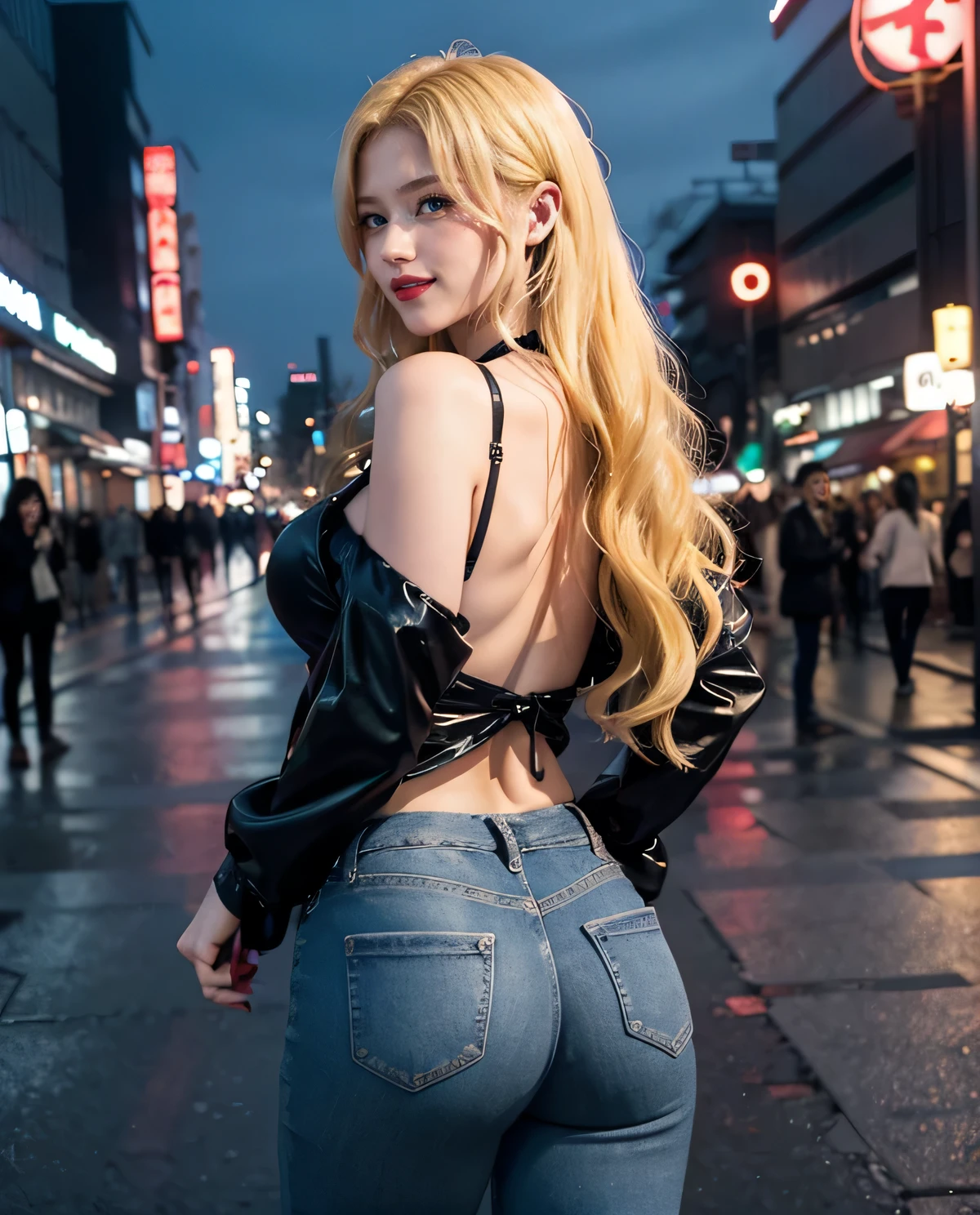 1girl, (ojos azules), (They are smiling :1.2), (En nombre de Minaj), caderas anchas, tetas grandes, (grande), (La mejor calidad, 8k, Obra maestra: 1.3), Manos perfectas, Enfoque claro: 1.2, Belleza corporal perfecta: 1.4, abdominales delgados: 1.2, Highly Detailed Face and Skin Texture, ojos detallados, 双眼皮, maquillaje negro, labios rojos, (Cabello largo rubio :1.2), (blusa negra con escote), vaqueros, En pie, dynamic pose, look back, view from back, En el parque Shiba de noche, Minato de noche, Tokio de noche, Japan, Torre de Tokio iluminada al fondo