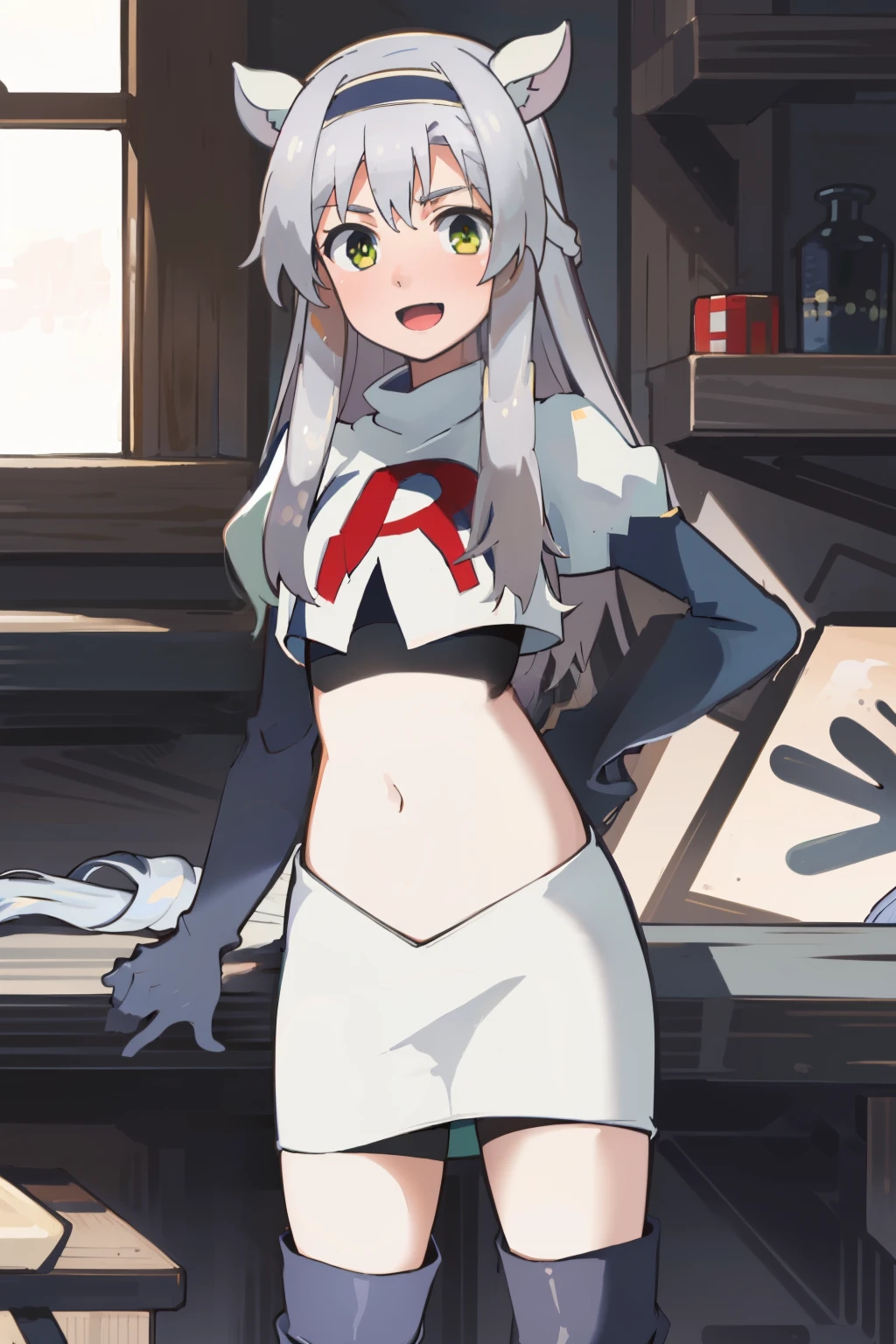 best quality, (masterpiece:1.2), detailed, medieval,
Sistine Fibel,
1girl, solo, open mouth, light smile, blush,
long hair, grey hair, green eyes, blue hairband, animal ears,
team rocket,team rocket uniform,white skirt,crop top,red letter R,black thigh-high boots,black elbow gloves,