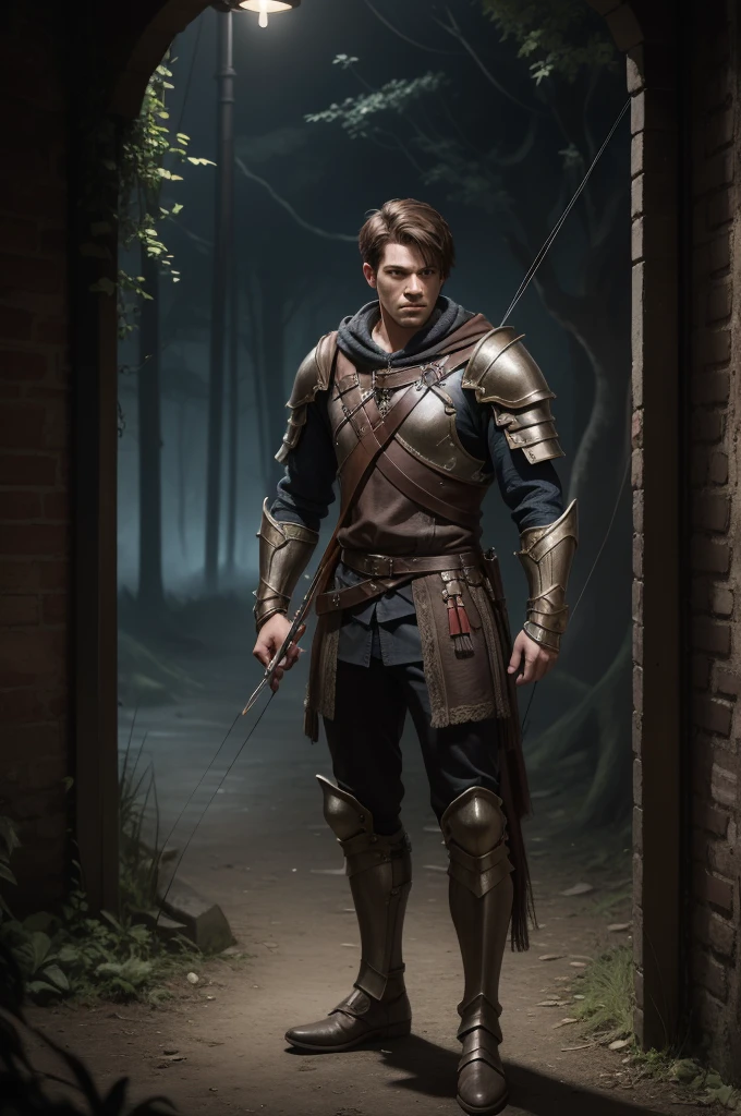 Photorealistic adventurer male, young human, brown short hair, shaved, white skin, serious face, wearing a light armor, embracing a crossbow, fantasy, dark atmosphere, full body, high quality