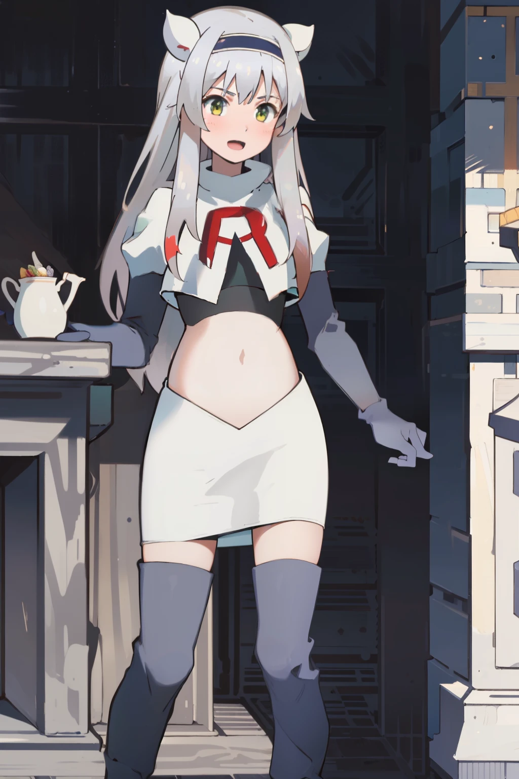 best quality, (masterpiece:1.2), detailed, medieval,
Sistine Fibel,
1girl, solo, open mouth, light smile, blush,
long hair, grey hair, green eyes, blue hairband, animal ears,
team rocket,team rocket uniform,white skirt,crop top,red letter R,black thigh-high boots,black elbow gloves,