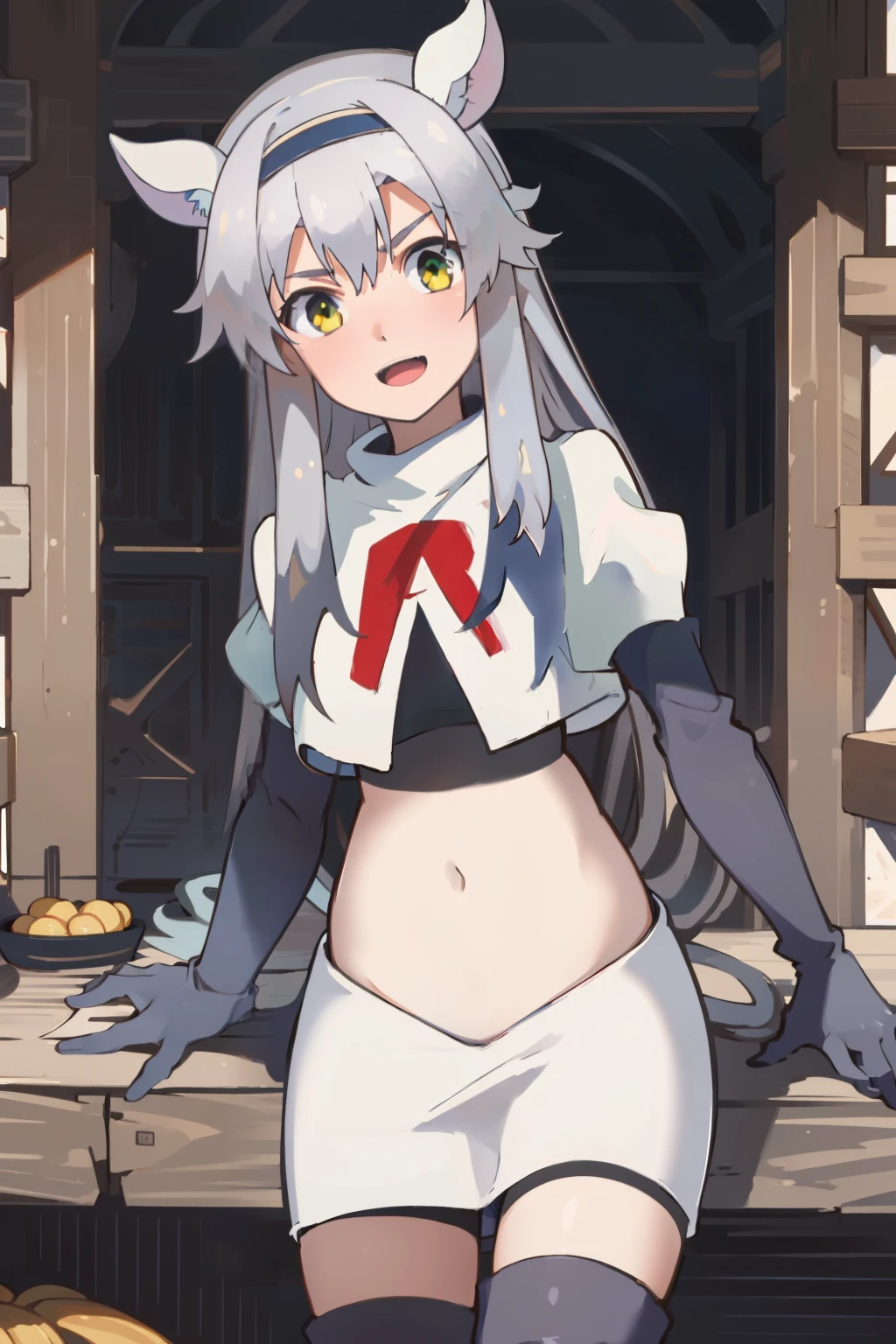 best quality, (masterpiece:1.2), detailed, medieval,
Sistine Fibel,
1girl, solo, open mouth, light smile, blush,
long hair, grey hair, green eyes, blue hairband, animal ears,
team rocket,team rocket uniform,white skirt,crop top,red letter R,black thigh-high boots,black elbow gloves,