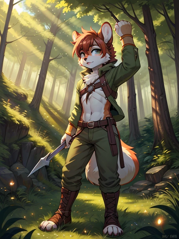 (masterpiece, best quality:1.3), androgynous Chipmunk, face focus, thin body, green adventurer clothes, magical clothes, fully clothed, heroic pose, in a forest made of giant blades of grass