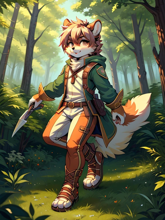 (masterpiece, best quality:1.3), androgynous Chipmunk, face focus, thin body, green adventurer clothes, magical clothes, fully clothed, heroic pose, in a forest made of giant blades of grass