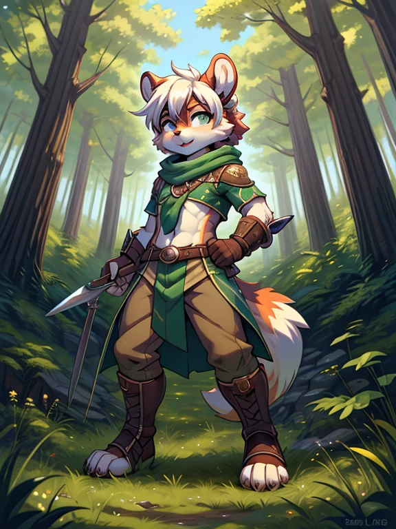 androgynous Chipmunk, cute face, holding a rapier, standing in water, green trousers, style of Autumn-Storm McFaul