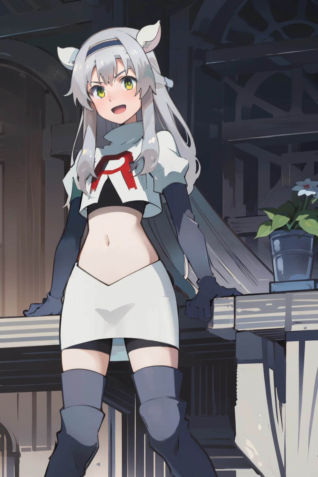 best quality, (masterpiece:1.2), detailed, medieval,
Sistine Fibel,
1girl, solo, open mouth, light smile, blush,
long hair, grey hair, green eyes, blue hairband, animal ears,
team rocket,team rocket uniform,white skirt,crop top,red letter R,black thigh-high boots,black elbow gloves,
