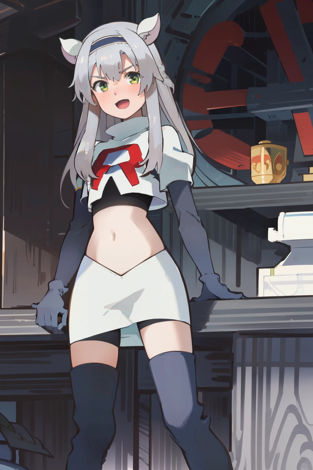 best quality, (masterpiece:1.2), detailed, medieval,
Sistine Fibel,
1girl, solo, open mouth, light smile, blush,
long hair, grey hair, green eyes, blue hairband, animal ears,
team rocket,team rocket uniform,white skirt,crop top,red letter R,black thigh-high boots,black elbow gloves,