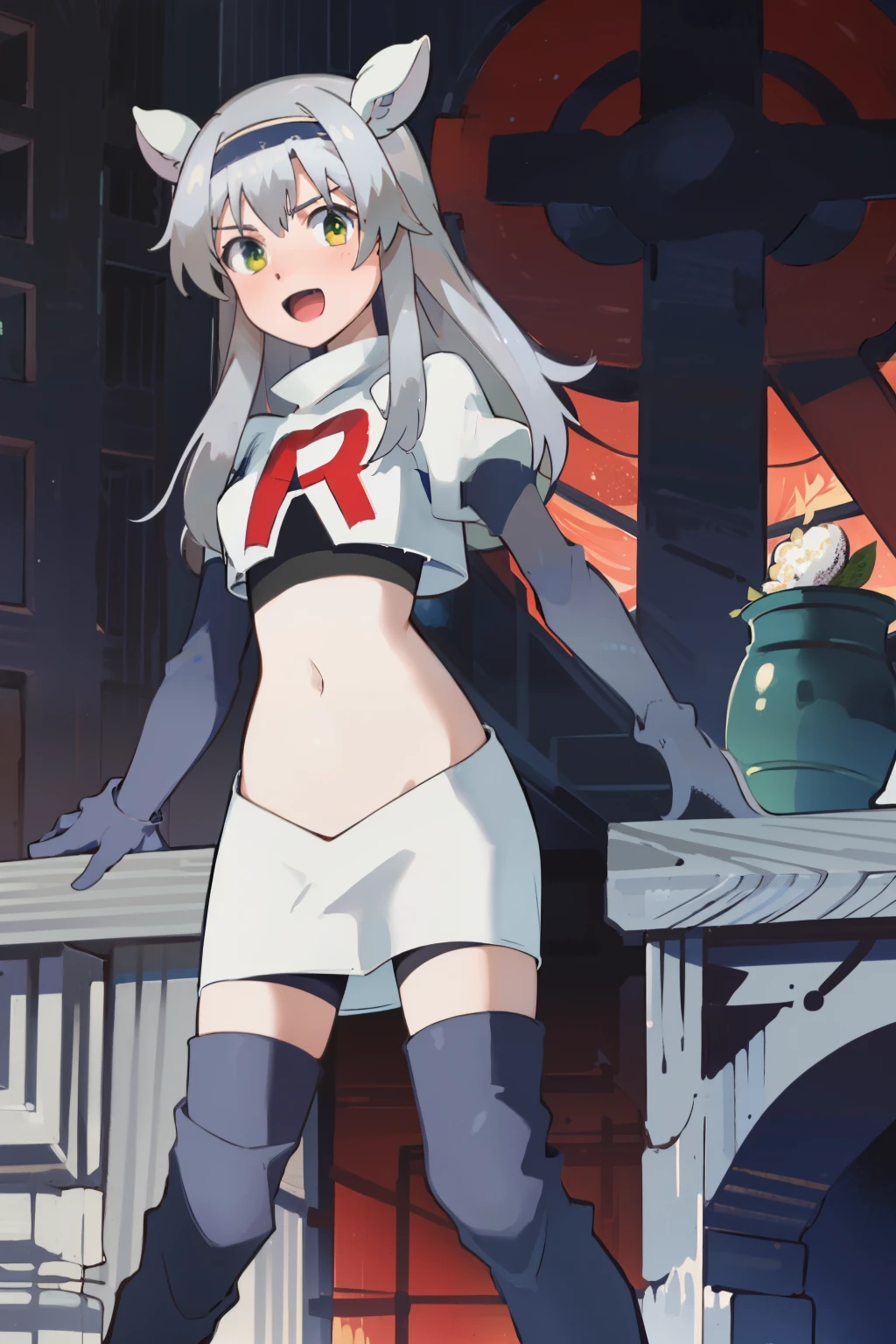 best quality, (masterpiece:1.2), detailed, medieval,
Sistine Fibel,
1girl, solo, open mouth, light smile, blush,
long hair, grey hair, green eyes, blue hairband, animal ears,
team rocket,team rocket uniform,white skirt,crop top,red letter R,black thigh-high boots,black elbow gloves,