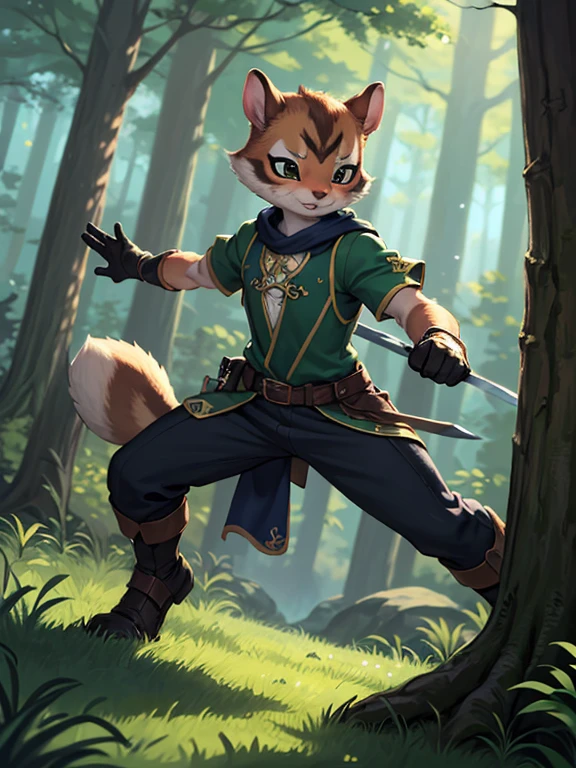 (masterpiece, best quality:1.3), androgynous Chipmunk, face focus, thin body, green adventurer clothes, magical clothes, fully clothed, heroic pose, in a forest made of giant blades of grass