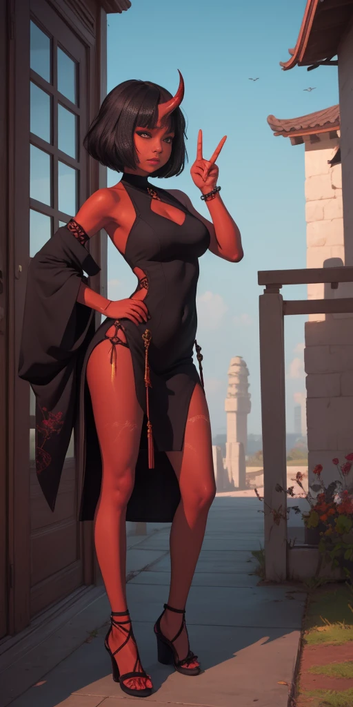 SFW, Female Full body standing straight symmetrical, looking to the viewer, hands on hips, peace sign, A woman，short detailed hair，ember，white backgrounid，Gray tones。Masterpiece, Best quality, 超高分辨率, Beautiful, Visually stunning, elegant, incredibily detailed, Award-winning art, 0n1, Red skin, oni horns, their, Red them, Colored skin, metal sandals