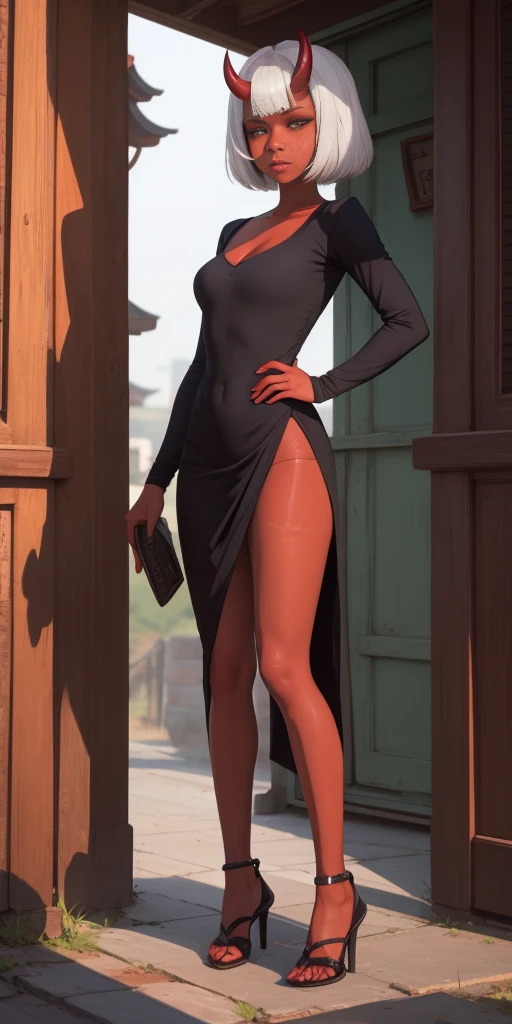 SFW, Female Full body standing straight symmetrical, looking to the viewer, hands on hips, peace sign, A woman，short detailed hair，ember，white backgrounid，Gray tones。Masterpiece, Best quality, 超高分辨率, Beautiful, Visually stunning, elegant, incredibily detailed, Award-winning art, 0n1, Red skin, oni horns, their, Red them, Colored skin, metal sandals