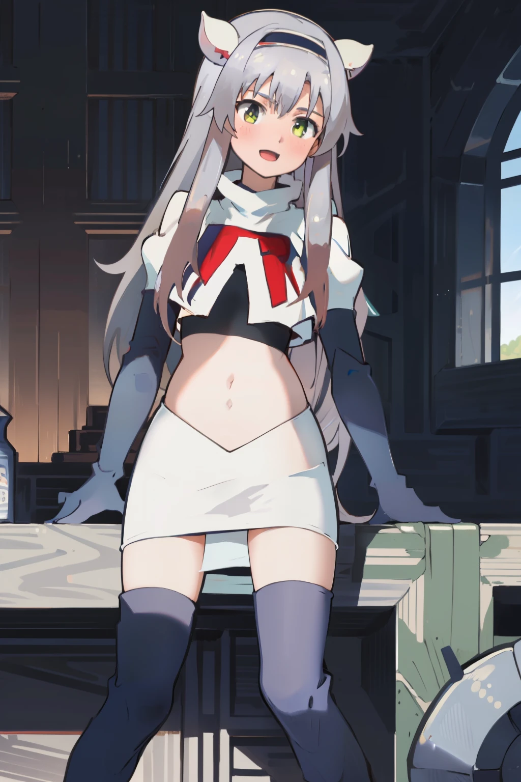 best quality, (masterpiece:1.2), detailed, medieval,
Sistine Fibel,
1girl, solo, open mouth, light smile, blush,
long hair, grey hair, green eyes, blue hairband, animal ears,
team rocket,team rocket uniform,white skirt,crop top,red letter R,black thigh-high boots,black elbow gloves,