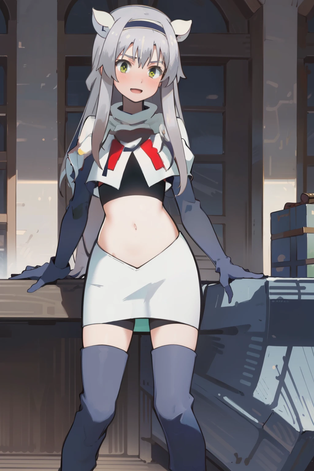 best quality, (masterpiece:1.2), detailed, medieval,
Sistine Fibel,
1girl, solo, open mouth, light smile, blush,
long hair, grey hair, green eyes, blue hairband, animal ears,
team rocket,team rocket uniform,white skirt,crop top,red letter R,black thigh-high boots,black elbow gloves,