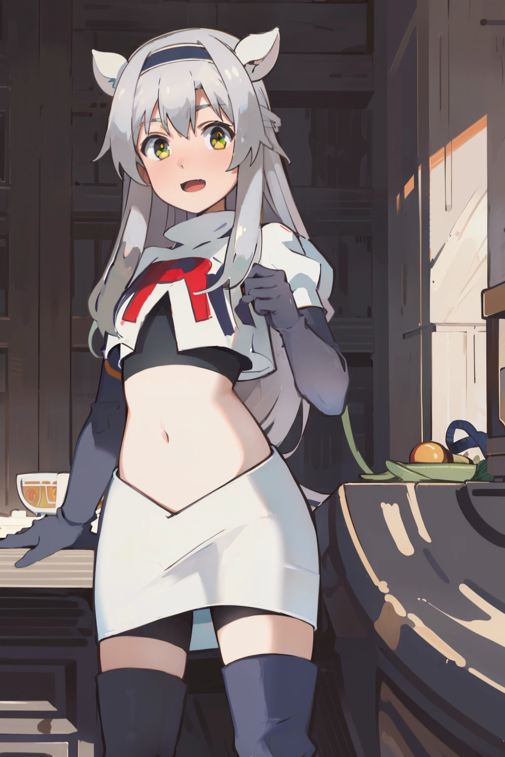 best quality, (masterpiece:1.2), detailed, medieval,
Sistine Fibel,
1girl, solo, open mouth, light smile, blush,
long hair, grey hair, green eyes, blue hairband, animal ears,
team rocket,team rocket uniform,white skirt,crop top,red letter R,black thigh-high boots,black elbow gloves,