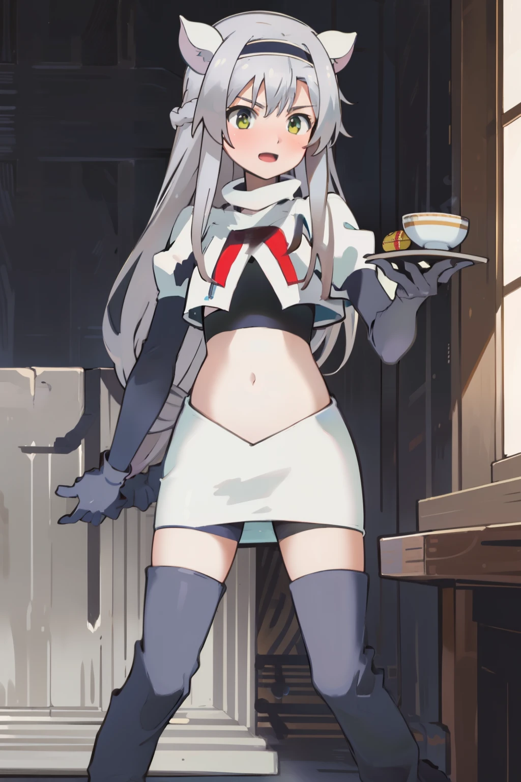 best quality, (masterpiece:1.2), detailed, medieval,
Sistine Fibel,
1girl, solo, open mouth, light smile, blush,
long hair, grey hair, green eyes, blue hairband, animal ears,
team rocket,team rocket uniform,white skirt,crop top,red letter R,black thigh-high boots,black elbow gloves,