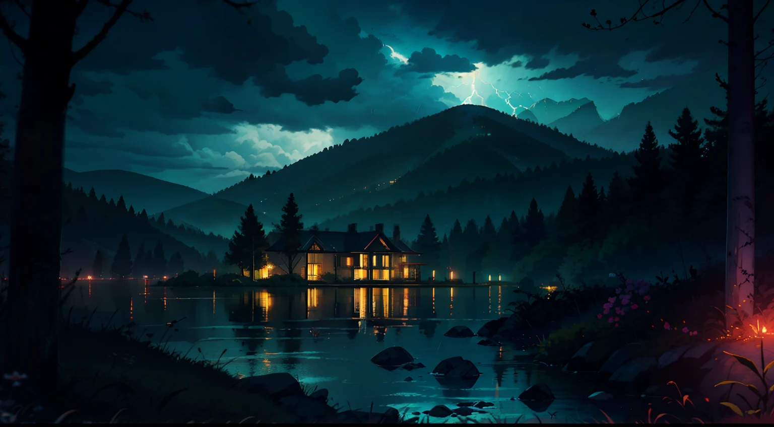 Haunted mansion in the middle of the forest at night, view from the front, scary, rain, lightning, mountains in the background, lagoon ahead