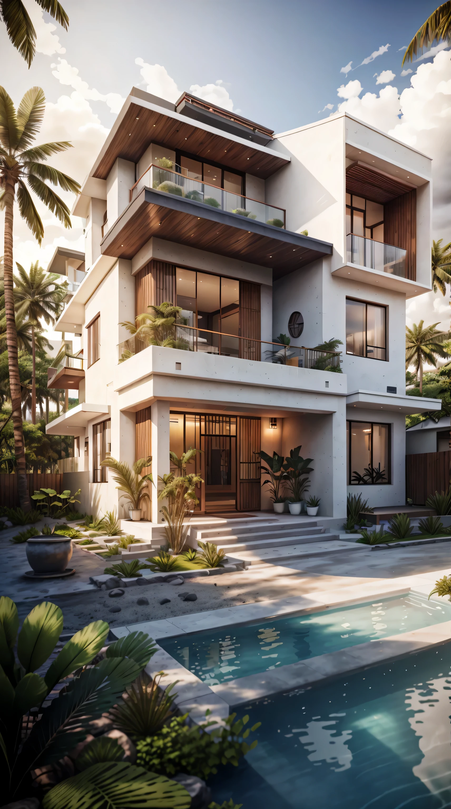 Surf Beach House at the seashore, paradise beach of Hawaii, sunny weather, surfboard on the side of the house, green plants and palm trees, blue ocean waves
Boho style, glass villa with a sloping roof, modern, dynamic (RAW photo, real, best quality, masterpiece:1.2), (hyper realistic, photo-realistic:1.2), high quality, (dark lighting:1.2), perfect lighting, archdaily, award wining sustainable architecture, cinematic light, golden hour light