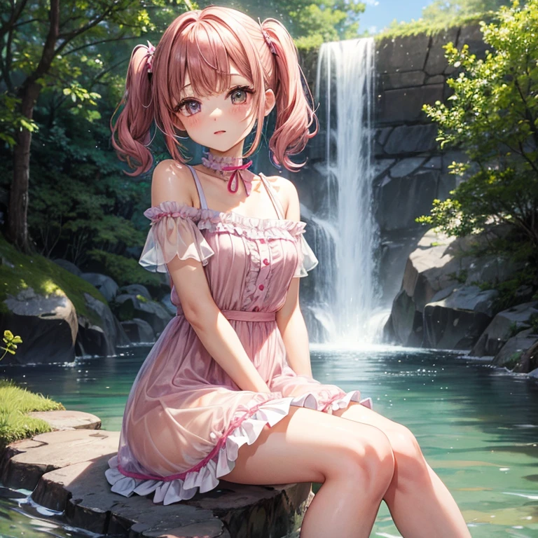 1 girl, two pigtails falling over her shoulders with pink rubber bands, blond hair, wearing a pink swimsuit, Dragon Ball style, in a forest in front of a beautiful lake