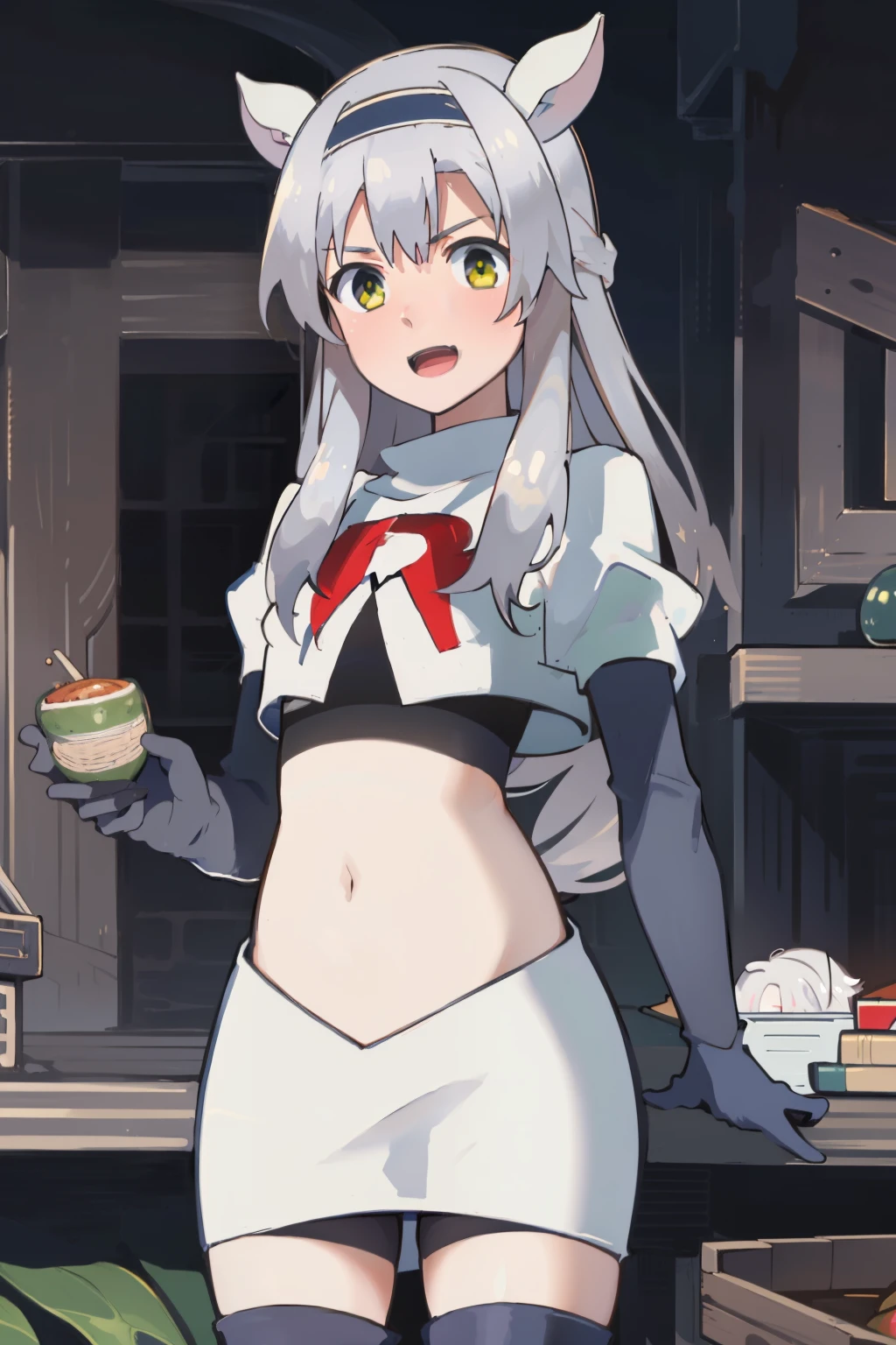 best quality, (masterpiece:1.2), detailed, medieval,
Sistine Fibel,
1girl, solo, open mouth, light smile, blush,
long hair, grey hair, green eyes, blue hairband, animal ears,
team rocket,team rocket uniform,white skirt,crop top,red letter R,black thigh-high boots,black elbow gloves,