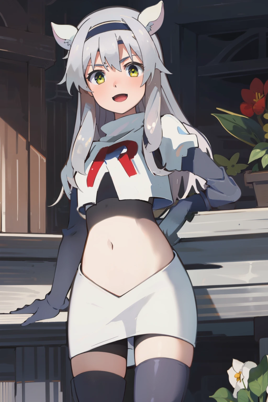 best quality, (masterpiece:1.2), detailed, medieval,
Sistine Fibel,
1girl, solo, open mouth, light smile, blush,
long hair, grey hair, green eyes, blue hairband, animal ears,
team rocket,team rocket uniform,white skirt,crop top,red letter R,black thigh-high boots,black elbow gloves,