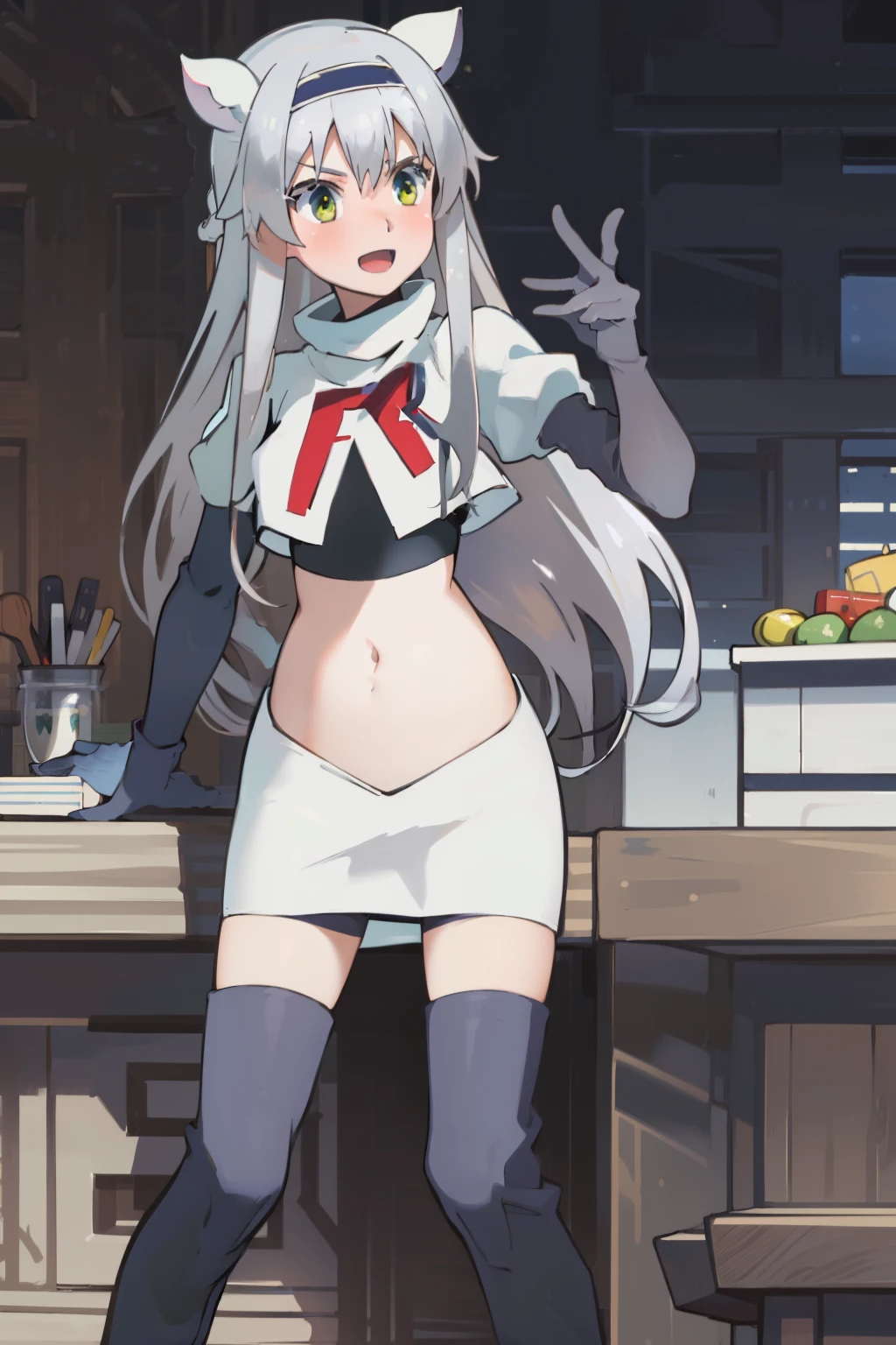 best quality, (masterpiece:1.2), detailed, medieval,
Sistine Fibel,
1girl, solo, open mouth, light smile, blush,
long hair, grey hair, green eyes, blue hairband, animal ears,
team rocket,team rocket uniform,white skirt,crop top,red letter R,black thigh-high boots,black elbow gloves,