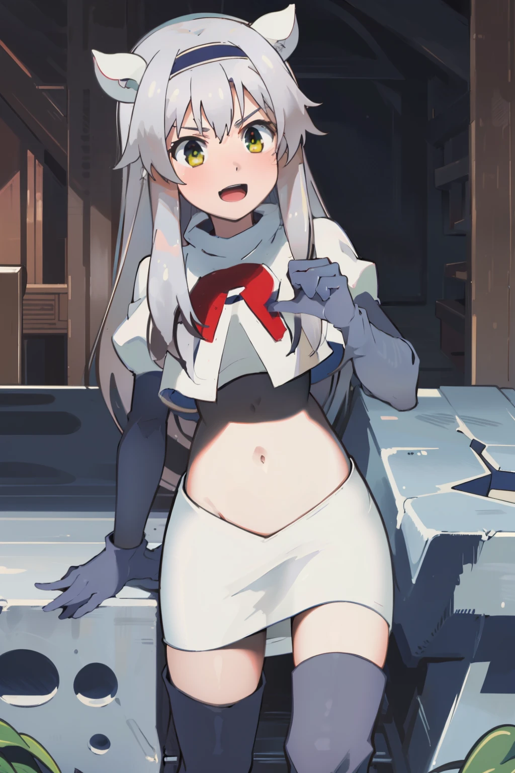 best quality, (masterpiece:1.2), detailed, medieval,
Sistine Fibel,
1girl, solo, open mouth, light smile, blush,
long hair, grey hair, green eyes, blue hairband, animal ears,
team rocket,team rocket uniform,white skirt,crop top,red letter R,black thigh-high boots,black elbow gloves,