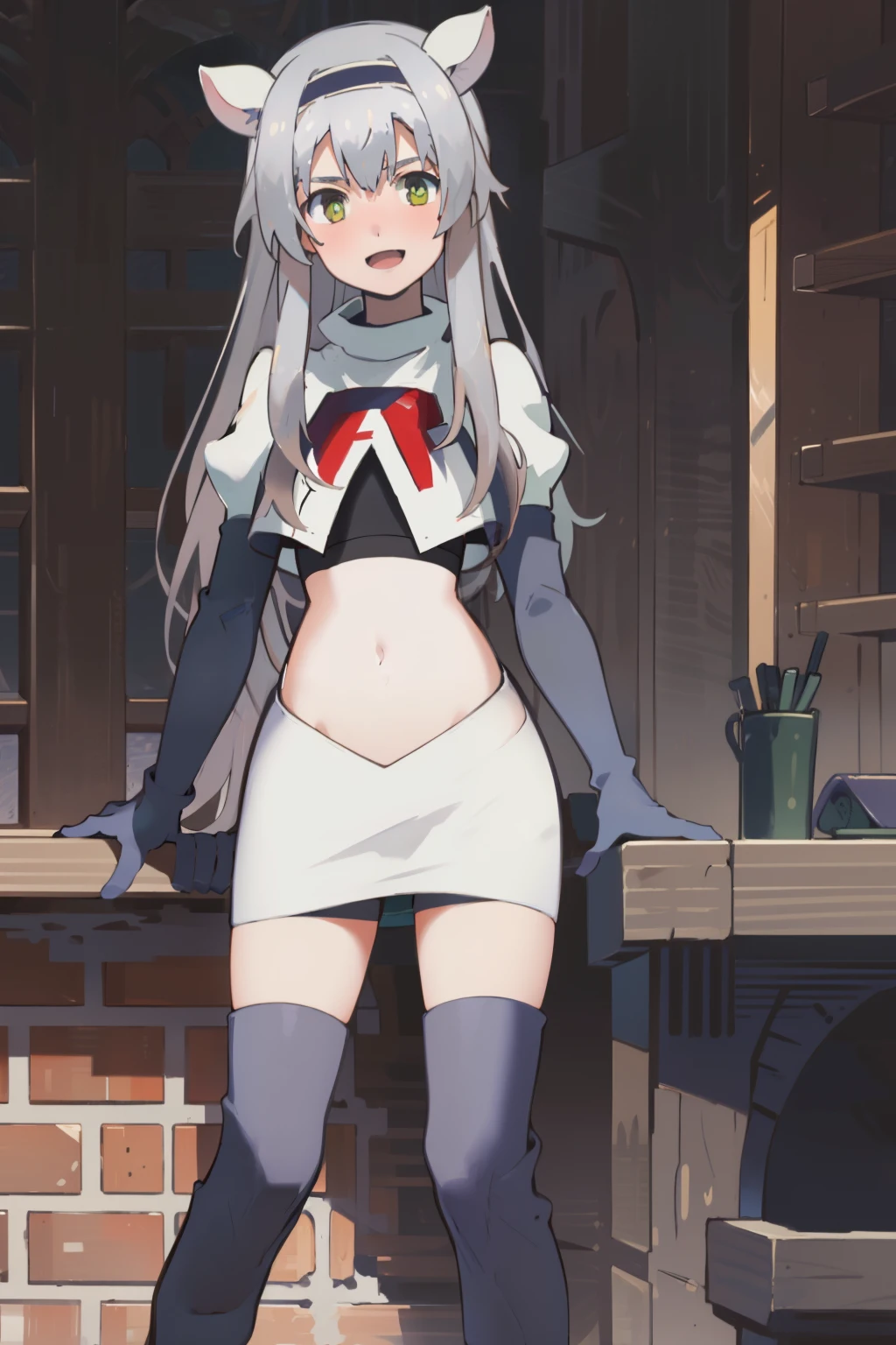 best quality, (masterpiece:1.2), detailed, medieval,
Sistine Fibel,
1girl, solo, open mouth, light smile, blush,
long hair, grey hair, green eyes, blue hairband, animal ears,
team rocket,team rocket uniform,white skirt,crop top,red letter R,black thigh-high boots,black elbow gloves,