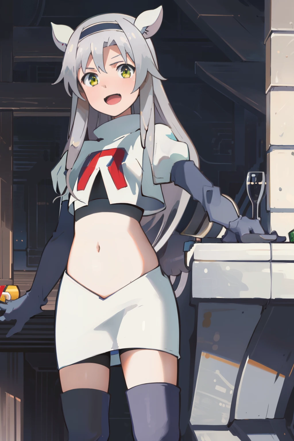 best quality, (masterpiece:1.2), detailed, medieval,
Sistine Fibel,
1girl, solo, open mouth, light smile, blush,
long hair, grey hair, green eyes, blue hairband, animal ears,
team rocket,team rocket uniform,white skirt,crop top,red letter R,black thigh-high boots,black elbow gloves,