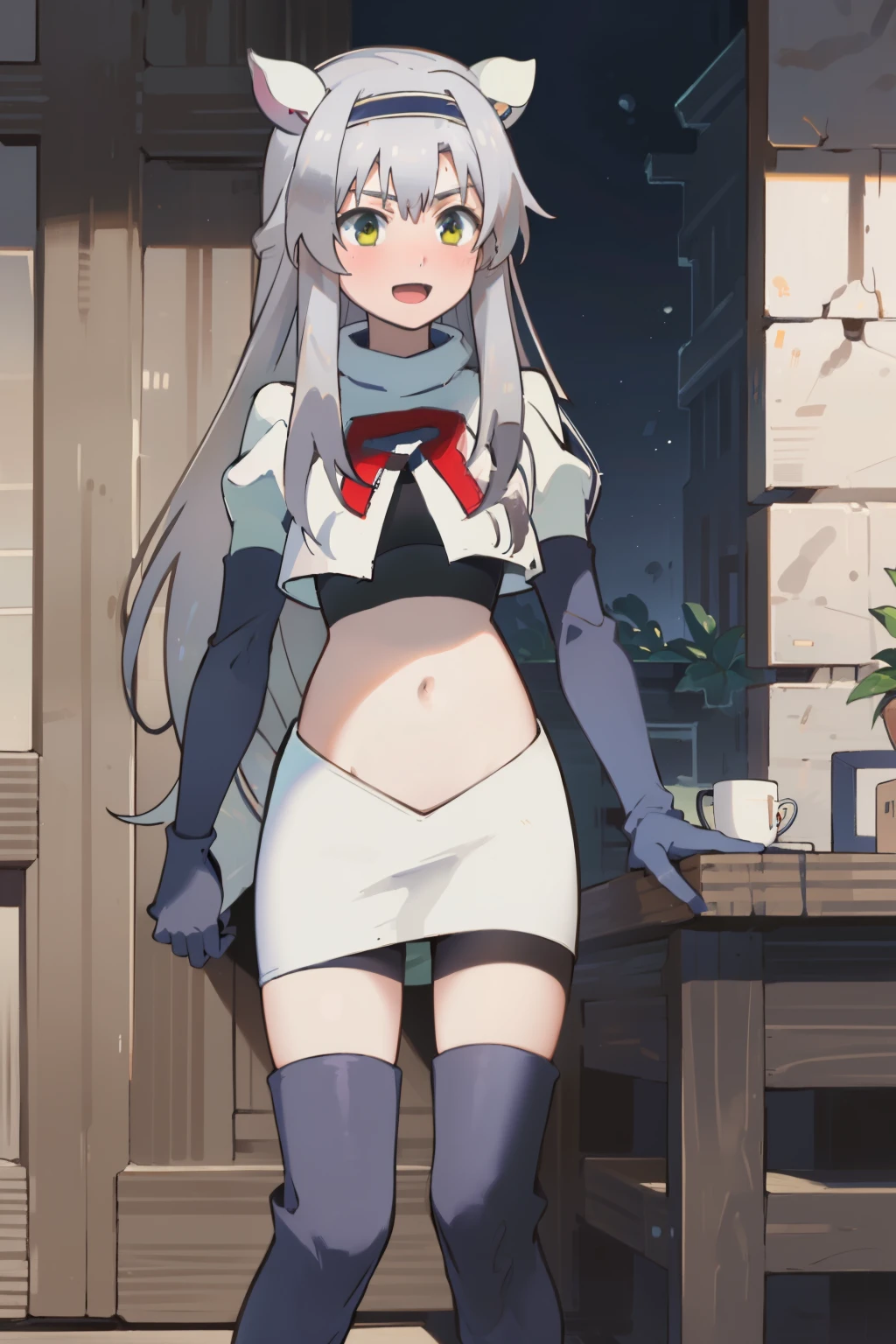 best quality, (masterpiece:1.2), detailed, medieval,
Sistine Fibel,
1girl, solo, open mouth, light smile, blush,
long hair, grey hair, green eyes, blue hairband, animal ears,
team rocket,team rocket uniform,white skirt,crop top,red letter R,black thigh-high boots,black elbow gloves,