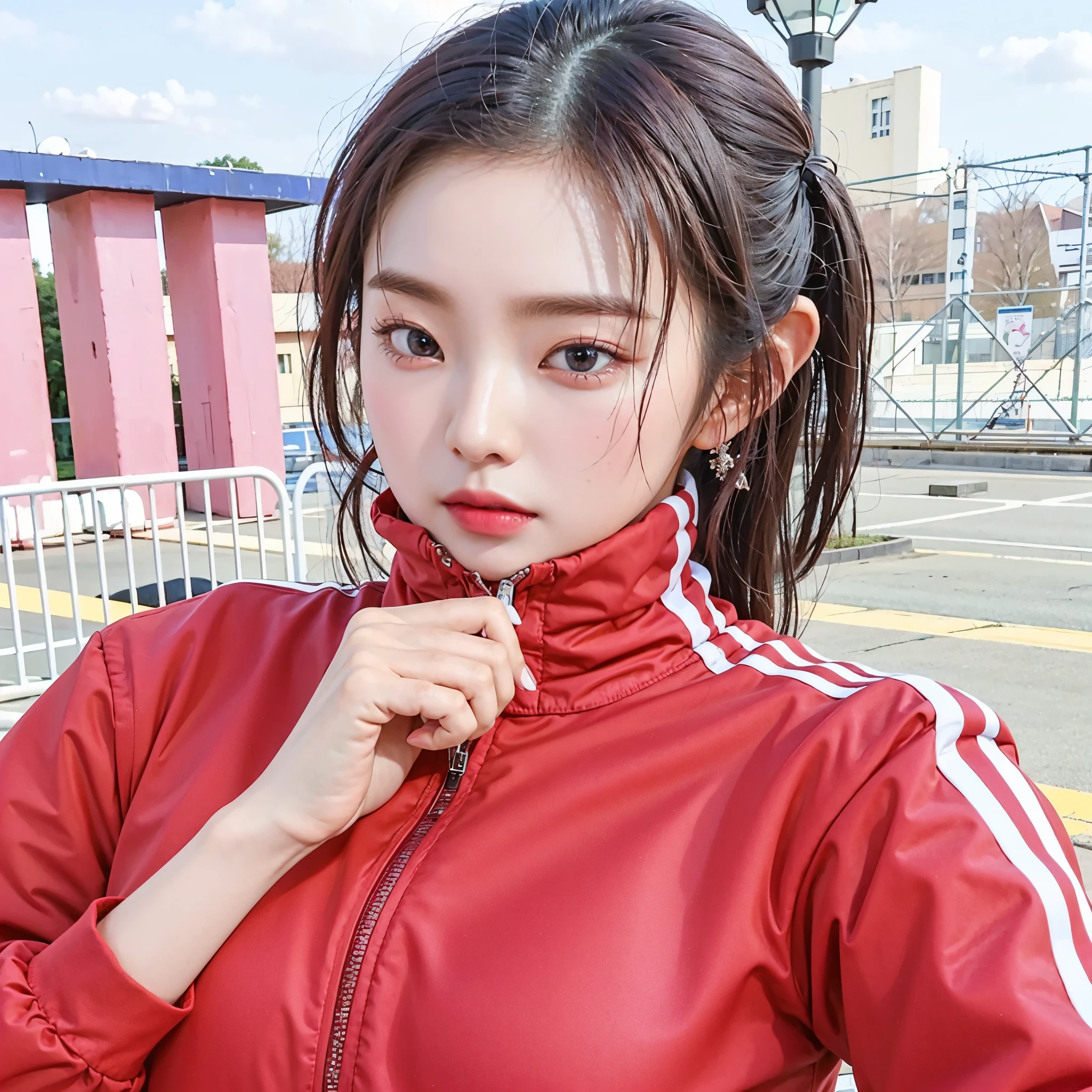 Araffe Asian woman with red jacket posing for a photo, Blackpink Jennie, wearing a track suit, Llevar traje de atletismo, dilraba dilmurat, Chiho, ulzzang, wearing a track suit, 🚿🗝📝, Kimi Takemura, Heonhwa Choe, Parque Ji-min, Lee Ji-eun