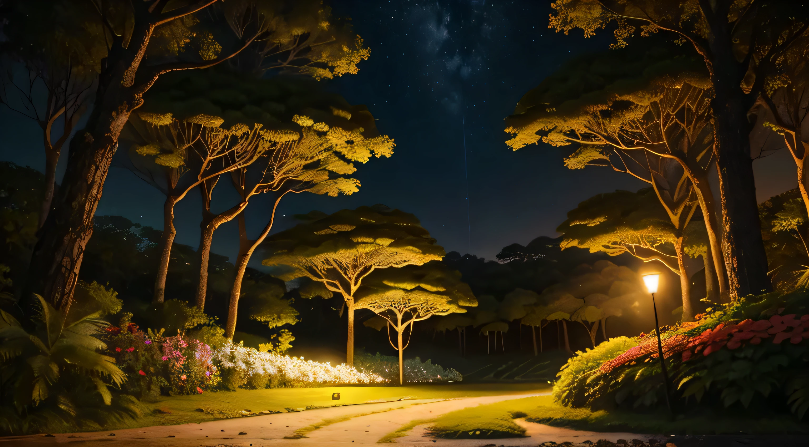 Floresta escura noite muito bonita, luz do luar, flores ao redor, trilha de pedras