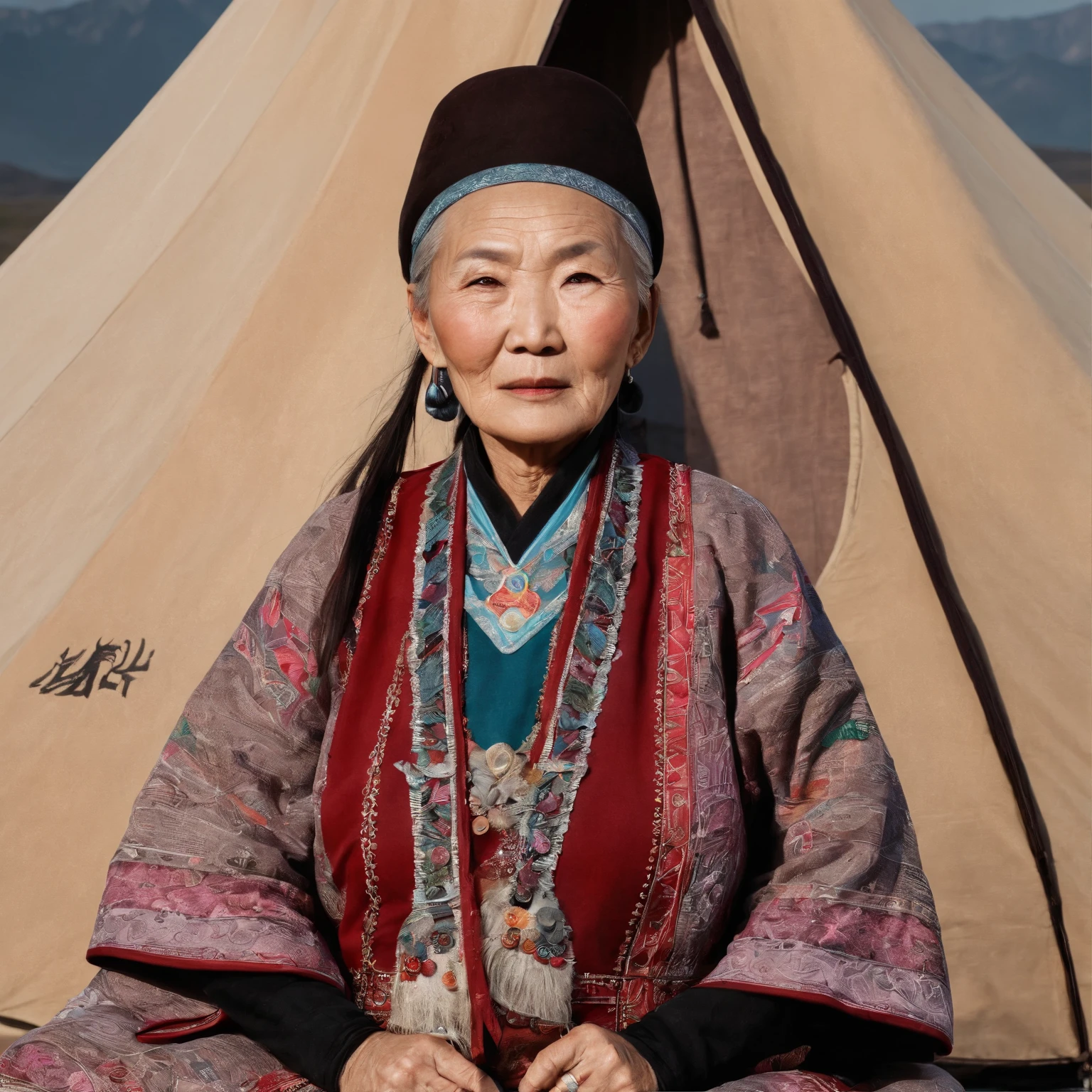 Old woman from Mongolia, in front of her tent