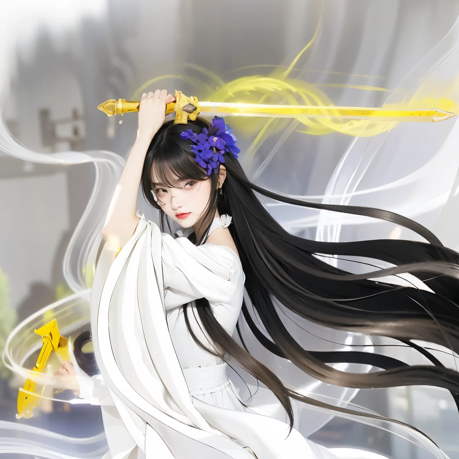 A young girl，cabelos preto e longos，Pink eyes，Wearing white period costume，holding golden sword