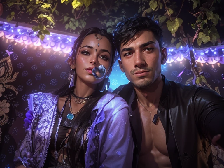 Change background cyberpunk beautiful couple, realistic face