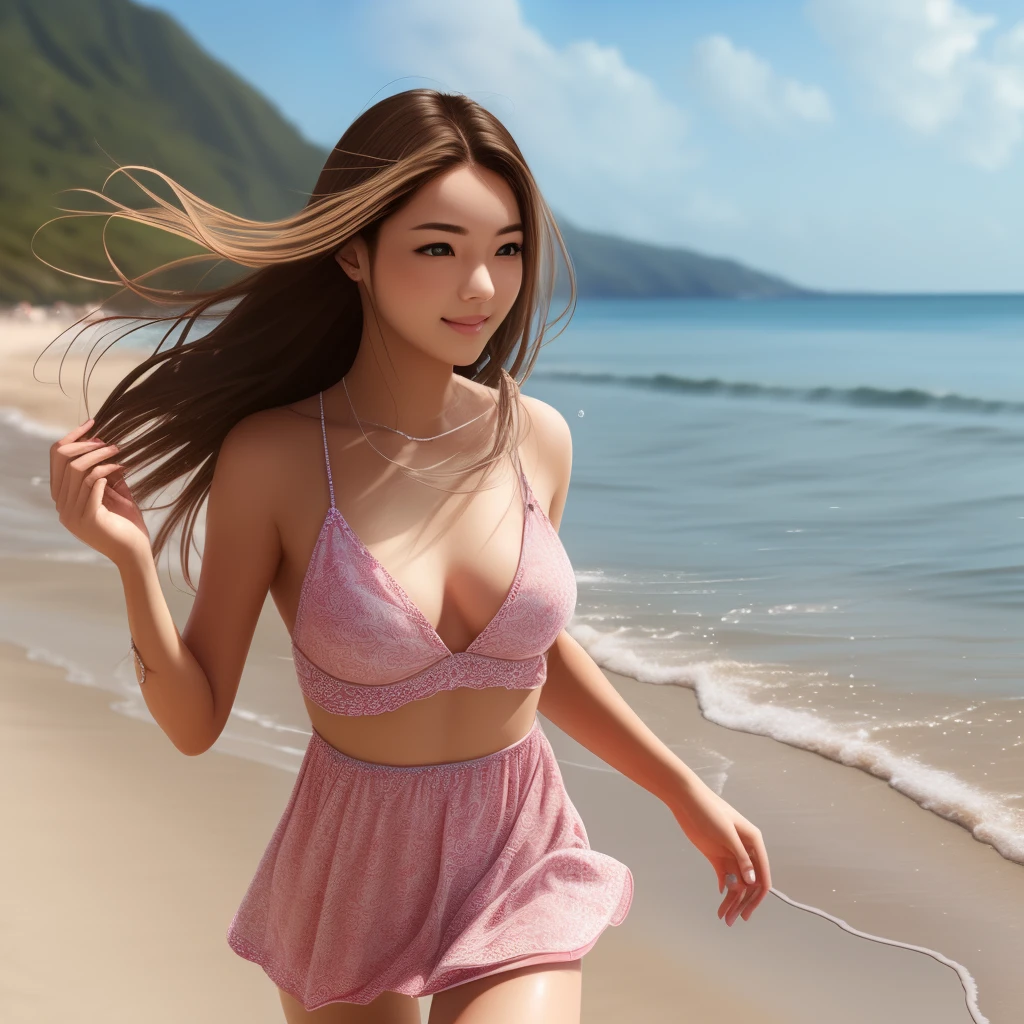 photorealistic picture a beautiful face girl with long grey hair. She wearing red little swimming dress and she run in the beach --auto --s2