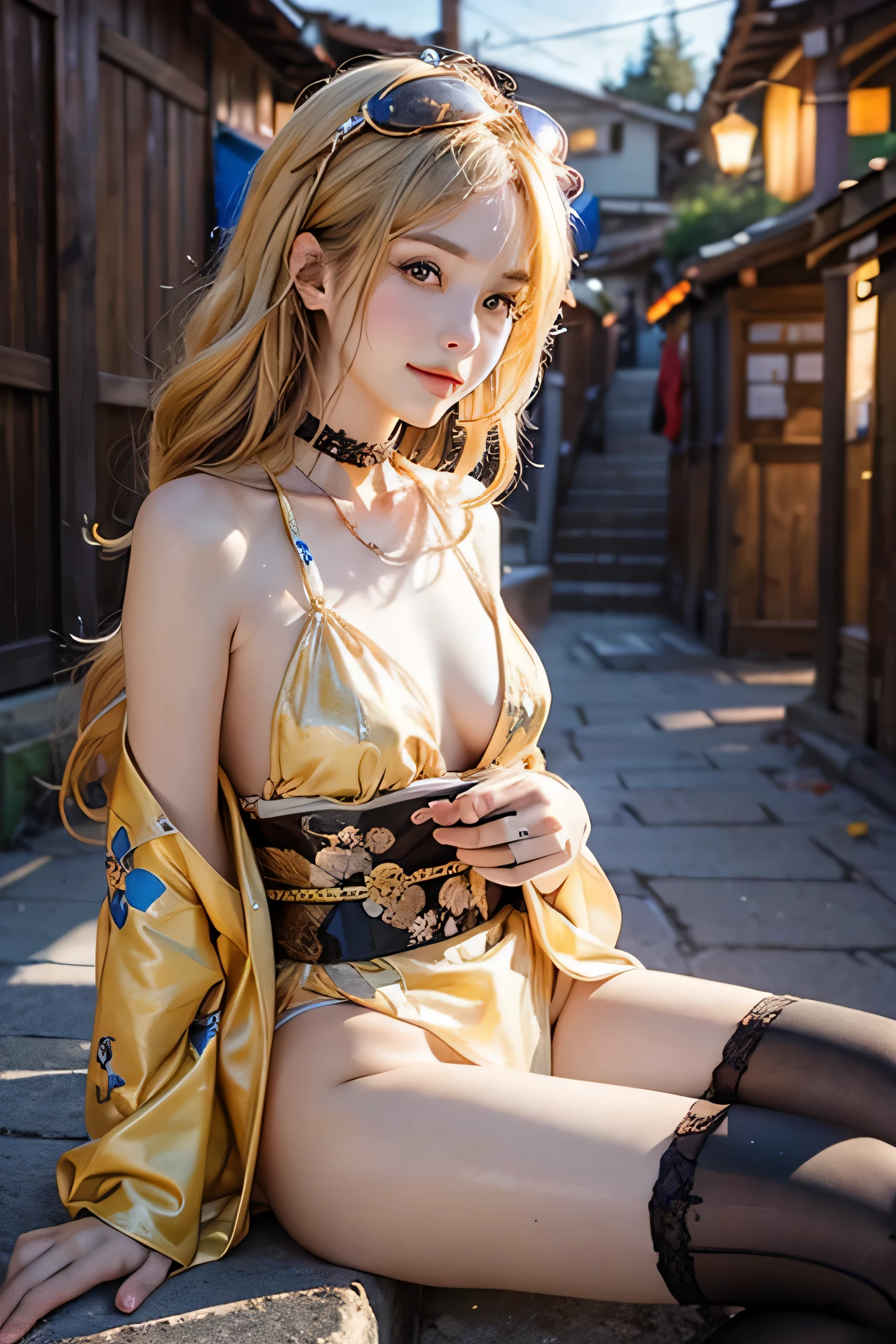 (Photorealsitic:1.3,visualart,depth of fields、top-quality,8K picture quality,masterpiece:1.3,hight resolution,masutepiece:1.2),23 year old woman sitting straight,( Gold Kimono, Golden underwear, golden bra, Golden panties, Golden choker),(Long hair:1.2,a blond:1.3), Blue Eye, (ssmile:1.2),Kimono comes off,thigh visible,I can see panties,teats see through,detailed flawless face:1.5,normal hands:1.5,Normal finger:1:5,Normal legs:1.5,New Year,shrines,Back alley,Background with(Mt fuji, Shining meteors,golden dragon flying),Elaborate design,The best lighting,Front Angle+