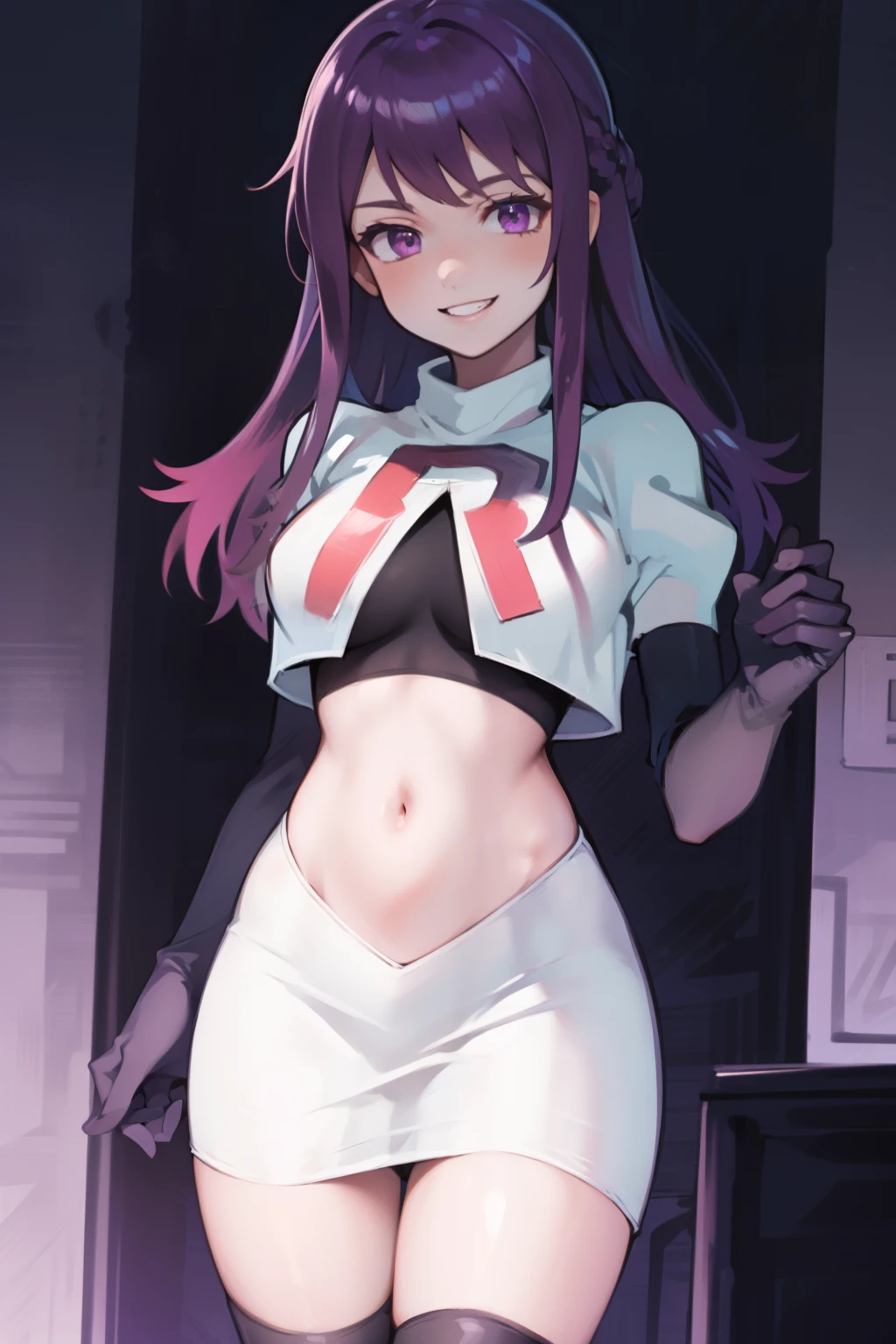 ivy fe purple eyes, purple hair, team rocket uniform, red letter R, white skirt,white crop top,black thigh-high boots,black elbow gloves, smile, show teeth,