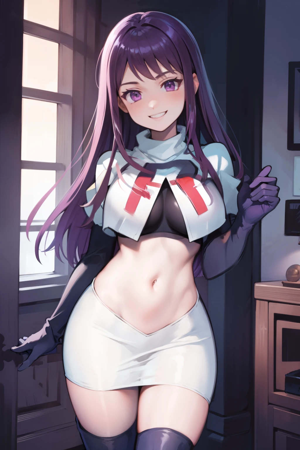 ivy fe purple eyes, purple hair, team rocket uniform, red letter R, white skirt,white crop top,black thigh-high boots,black elbow gloves, smile, show teeth,