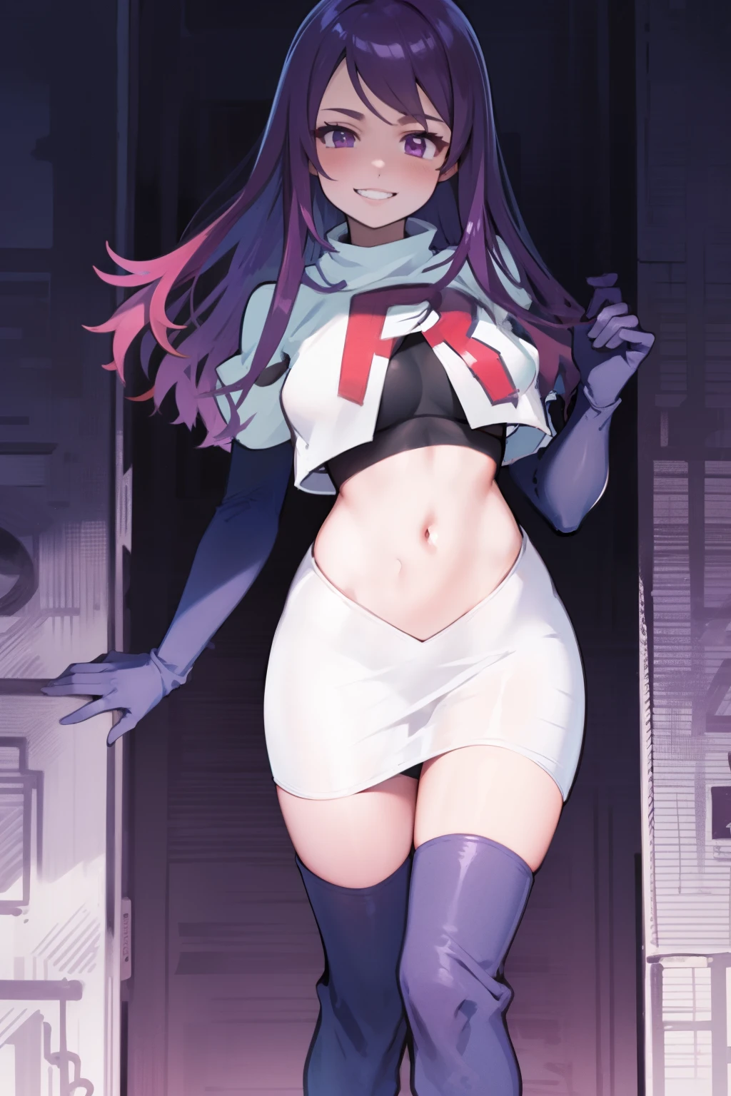 ivy fe purple eyes, purple hair, team rocket uniform, red letter R, white skirt,white crop top,black thigh-high boots,black elbow gloves, smile, show teeth,