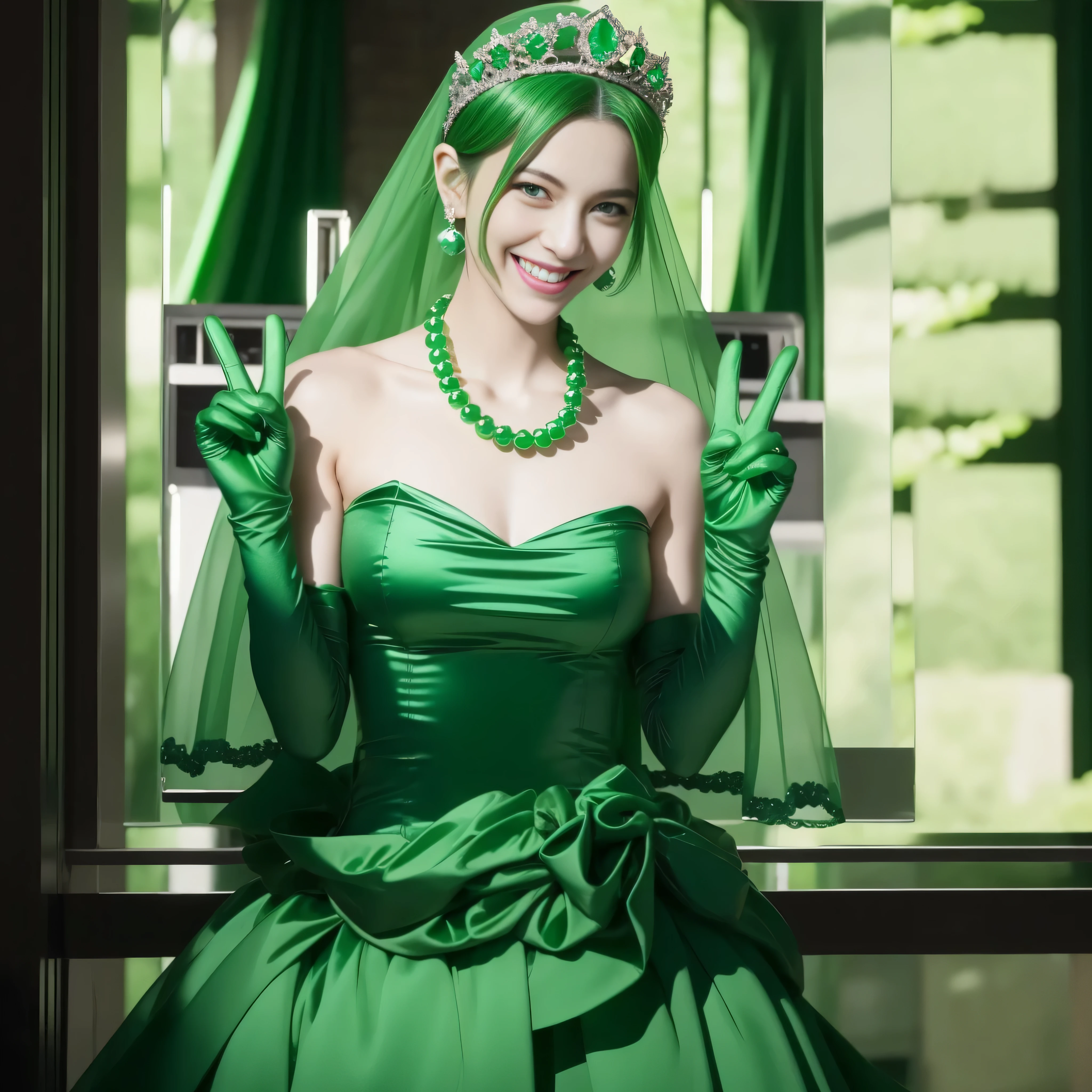 emerald tiara, Green Pearl Necklace, Boyish very short green hair, lipsticks, Japan woman smiling, very short short hair, big breasts beautiful, Green eyes, Long green gloves made of satin material, Green eyes, Emerald Earrings, green vale, v sign