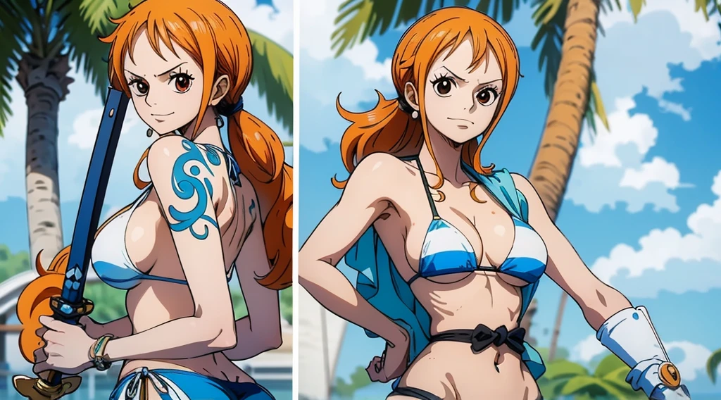 An Arafe woman wearing a bikini top and super miniskirt and holding a sword, nami one piece, A Master Piece , Retrato bonito de Nami, nami from one piece,Nami em super minissaia, arte de anime digital detalhada, Cute Exirobat showing white pants, Very detailed Artgerm haha, deviantart artstation cgscosiety, Realistic bikini, roupa de banho, fanart melhor artstation, Artgerm. alto detalhamento