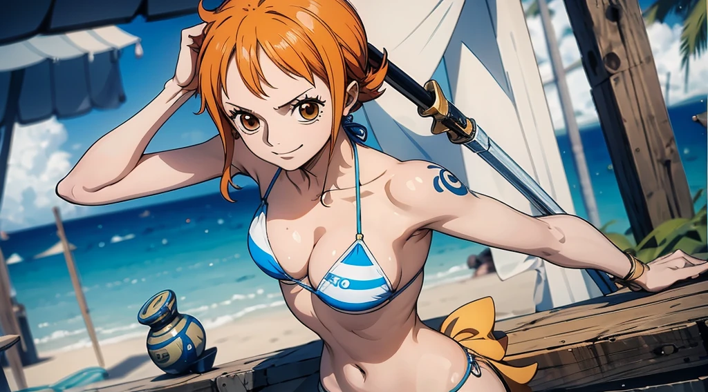 Nami one piece wearing tight bikini she has good body shape big thighs and big breasts her breasts is overflowing from her top she is smiling softly with a little blush on her cheeks and has high quality anime style (namis eyes ROM one piece) eyes looking at you shyly and she is standing in the water with her toes with a beautiful face and a beautiful tight butt and this art of nami is made in very high quality anime style namis' body in this art is drawn in very high quality and the Her bikini is in very high quality also she looking at you from the back she has perfect face perfect anime style eyes perfect back perfect breasts perfect ass perfect thighs perfect hands perfect legs perfect eyes perfect hair perfect body perfect bottom perfect top perfect beautiful smile and perfect head and this image is drawn in very high quality anime style, her bottom is fashionable and her bikini bottom is string style and everything is high quality and she has perfect and beautiful emotions on her high quality face