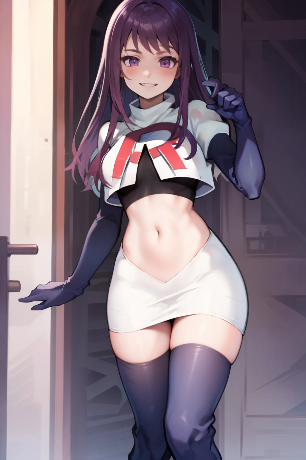 ivy fe purple eyes, purple hair, team rocket uniform, red letter R, white skirt,white crop top,black thigh-high boots,black elbow gloves, smile, show teeth,
