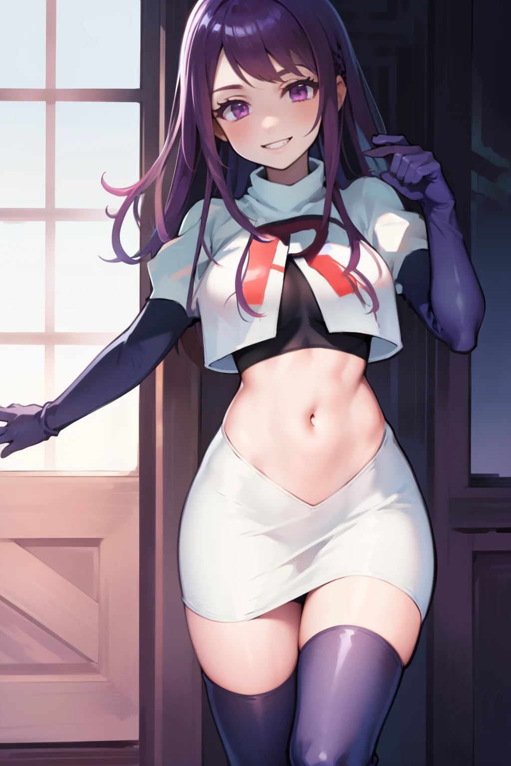 ivy fe purple eyes, purple hair, team rocket uniform, red letter R, white skirt,white crop top,black thigh-high boots,black elbow gloves, smile, show teeth,